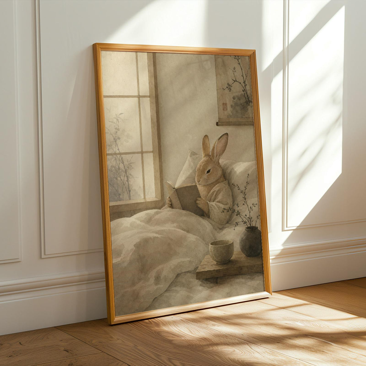 Alternate product presentation of Tan Rabbit Reading in Bed Poster.
