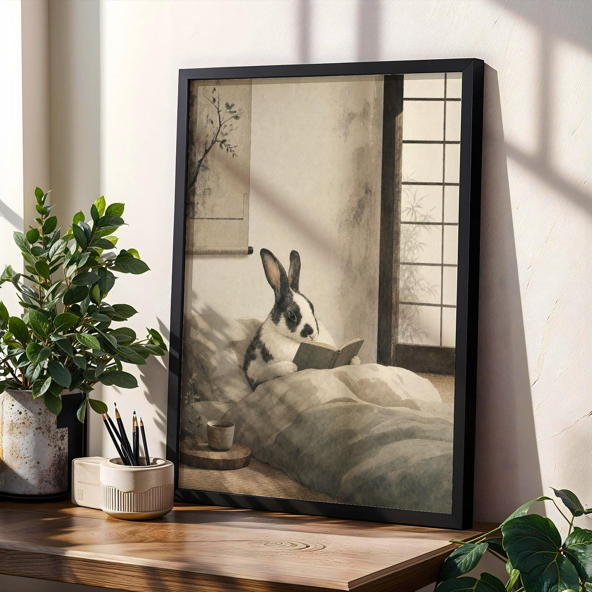 Product gallery view of Harlequin Rabbit Reading in Bed Poster.