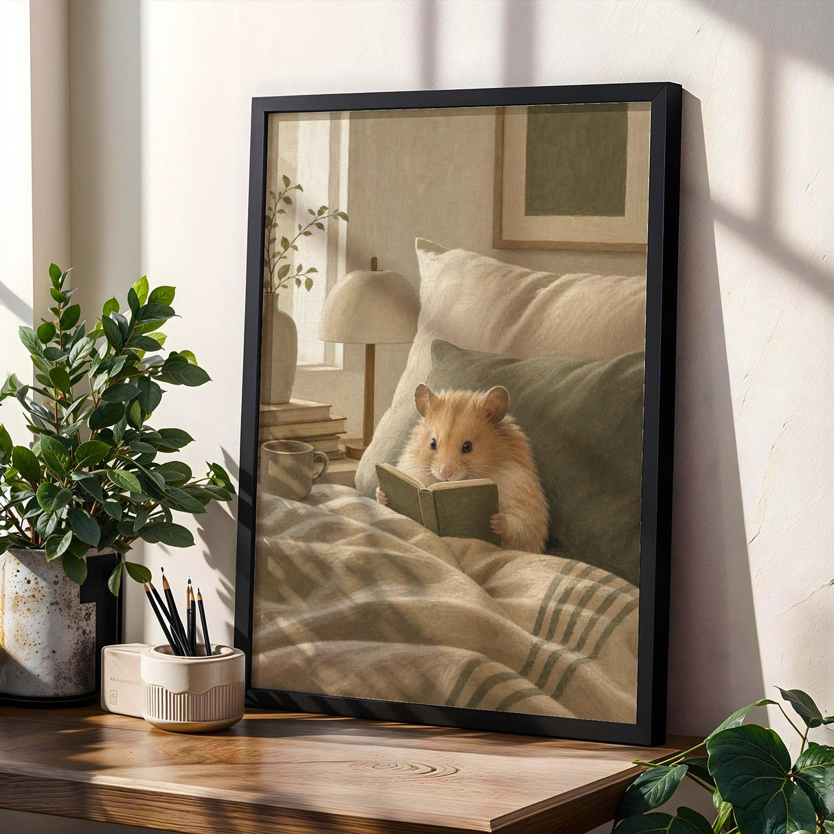 Product gallery view of Chinese Hamster Reading in Bed Poster.