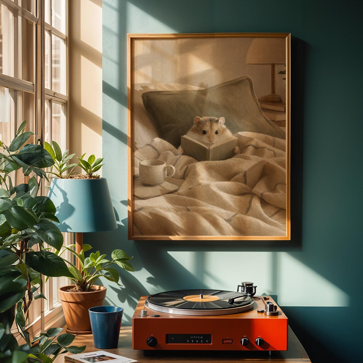 Alternate product view of Roborovski Hamster Reading in Bed Poster.