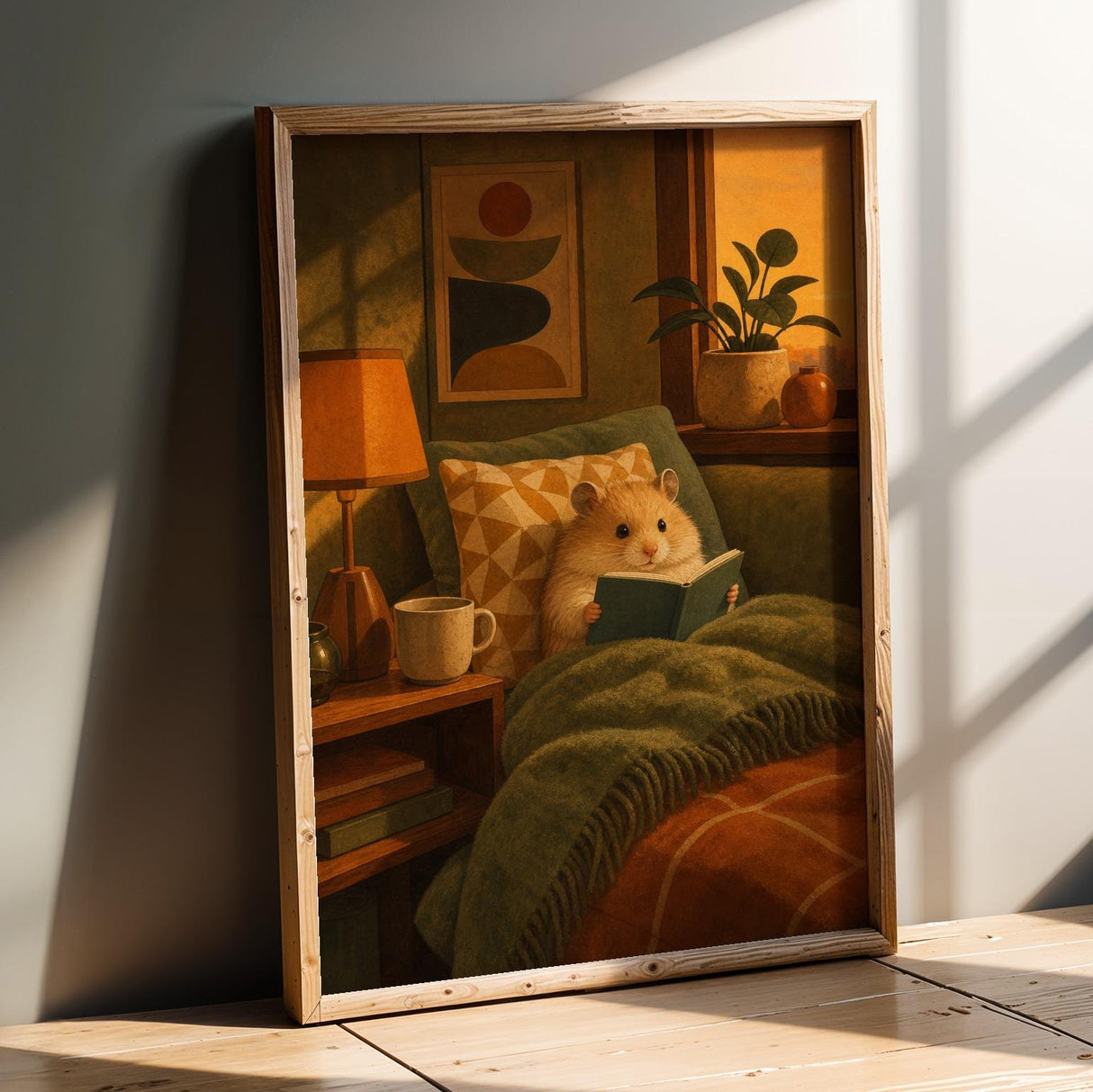 Product presentation view of Teddy Bear Hamster Reading in Armchair Poster.