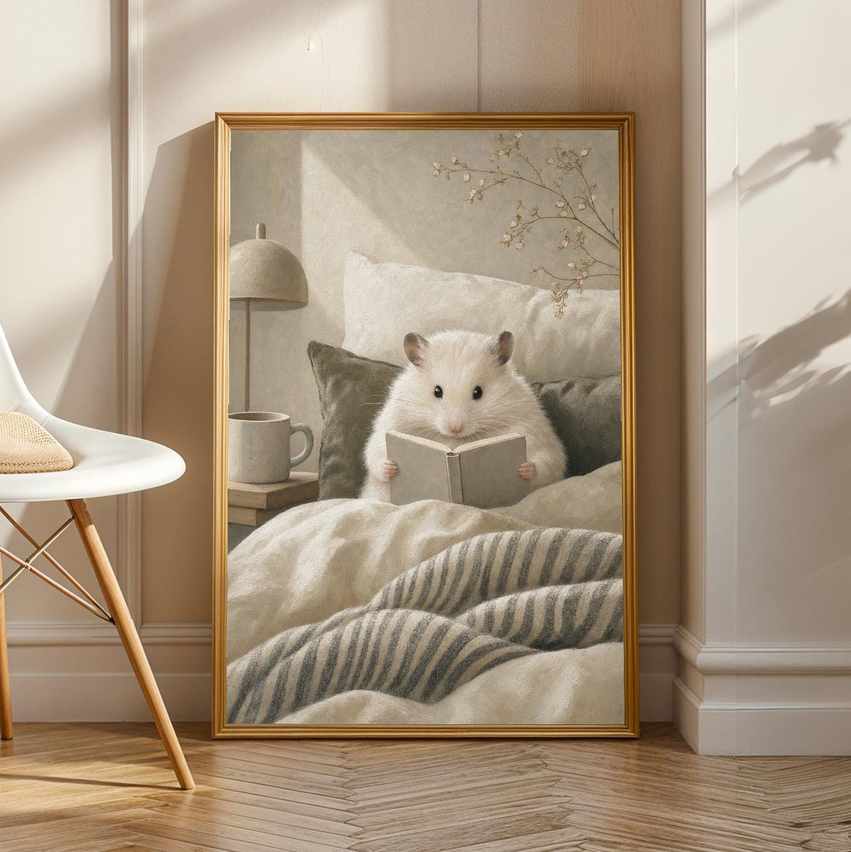 Product view of Winter White Hamster Reading in Bed Poster.
