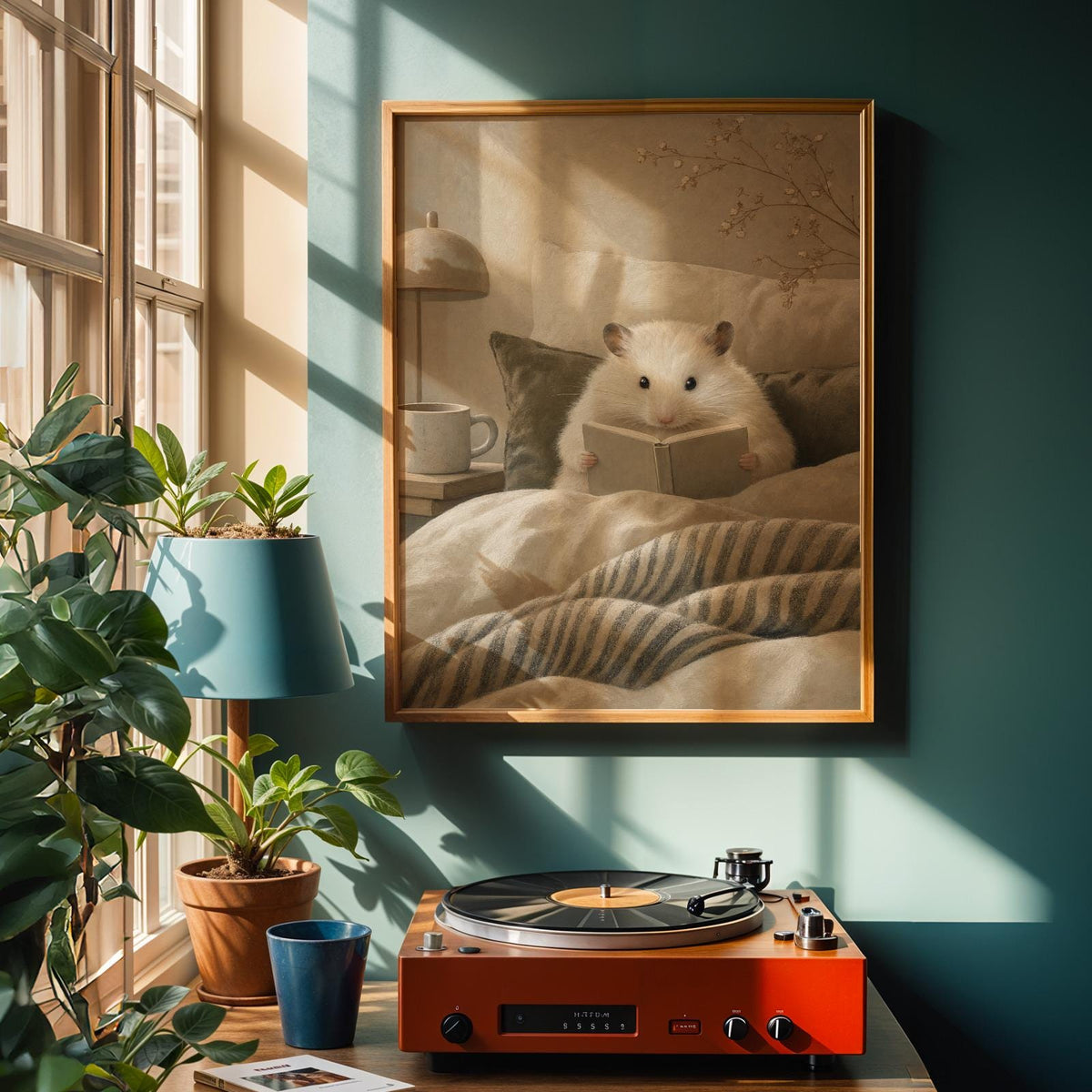 Alternate product view of Winter White Hamster Reading in Bed Poster.