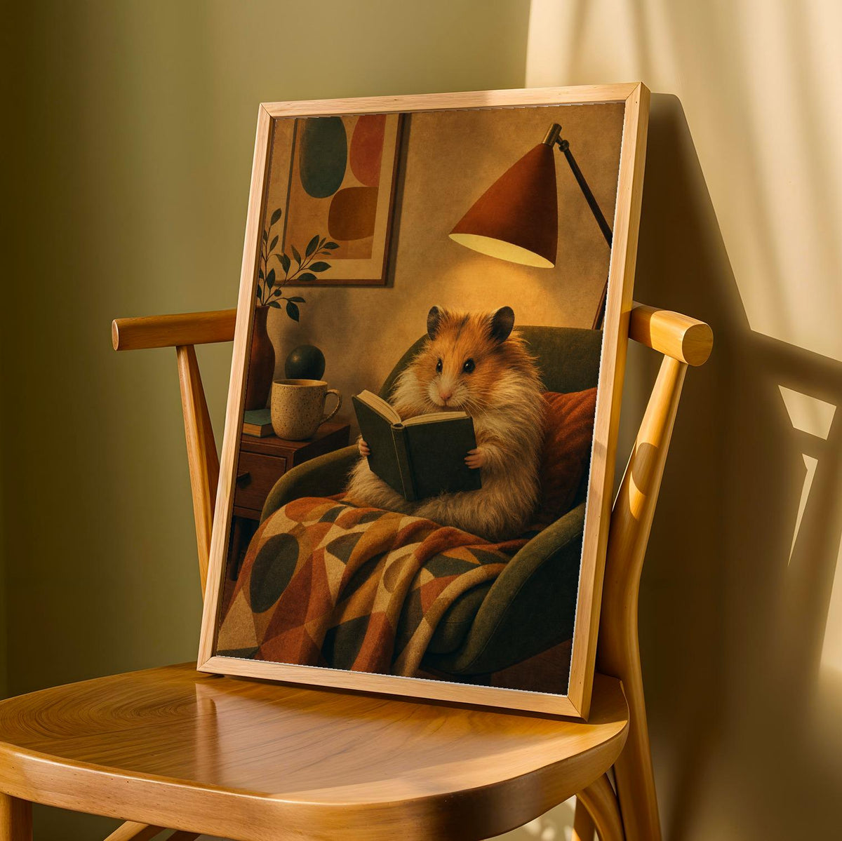 Product detail view of Long Haired Syrian Hamster Reading in Armchair Poster.