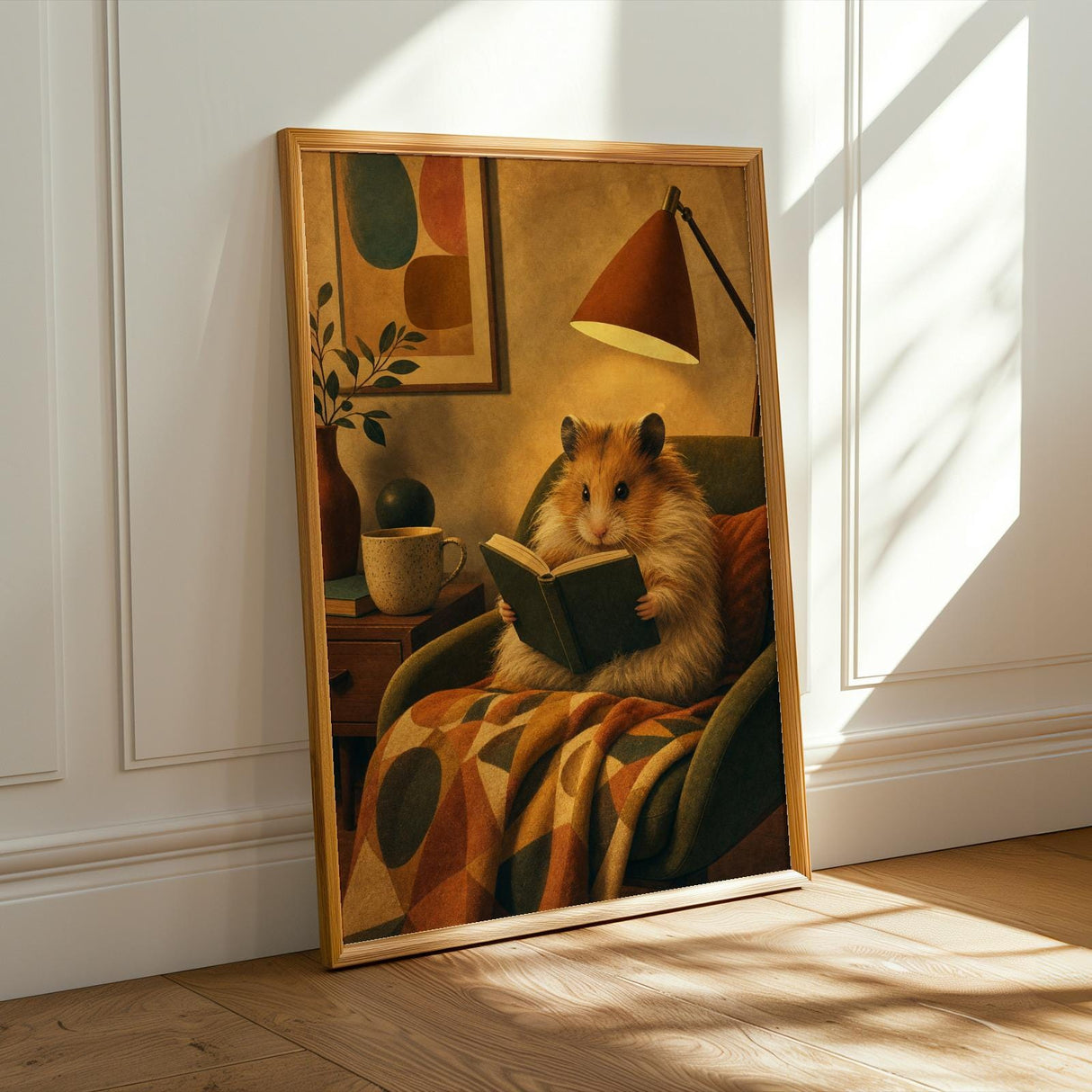 Alternate product presentation of Long Haired Syrian Hamster Reading in Armchair Poster.