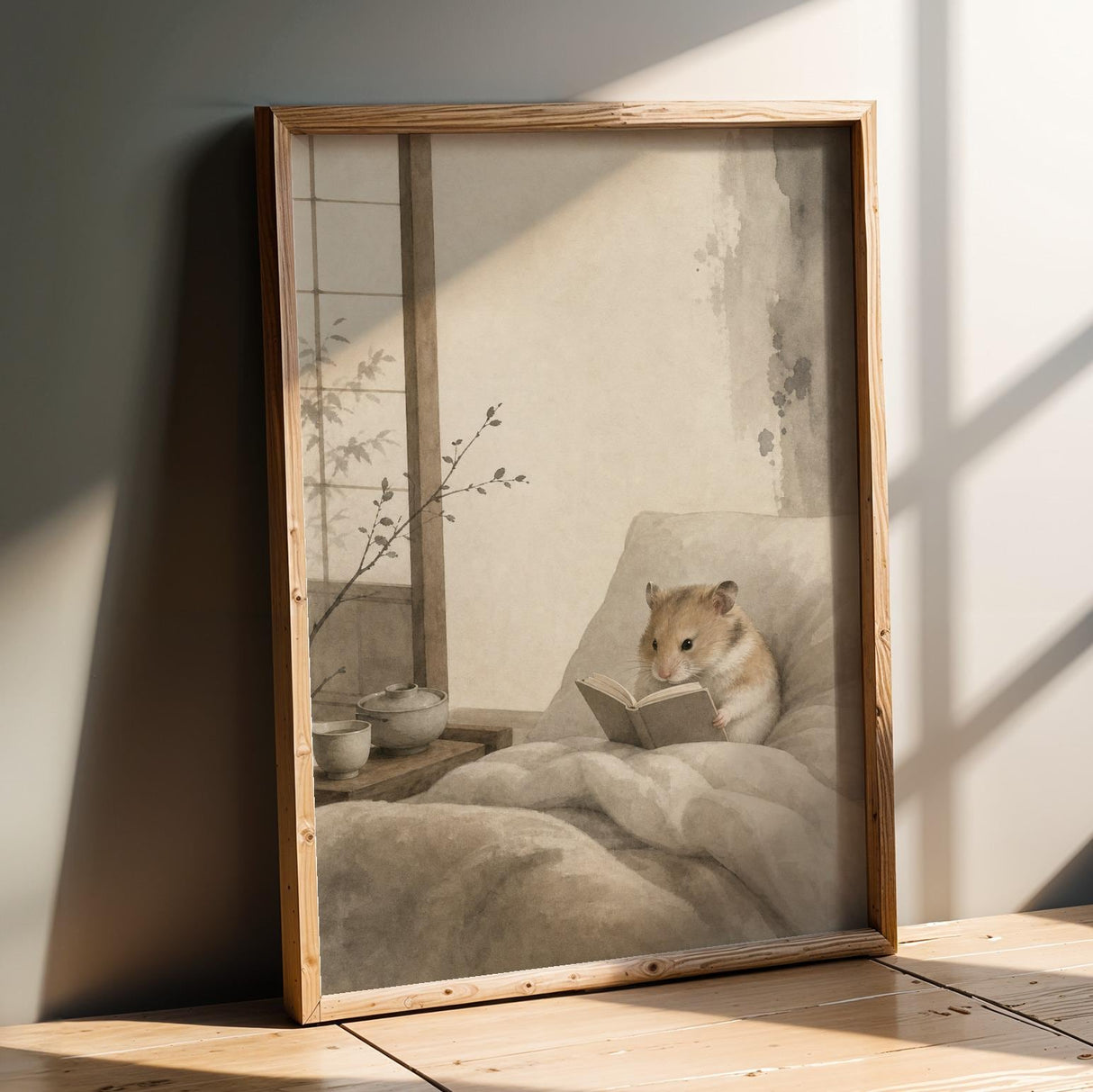 Product presentation view of Chinese Hamster Reading in Bed Poster.