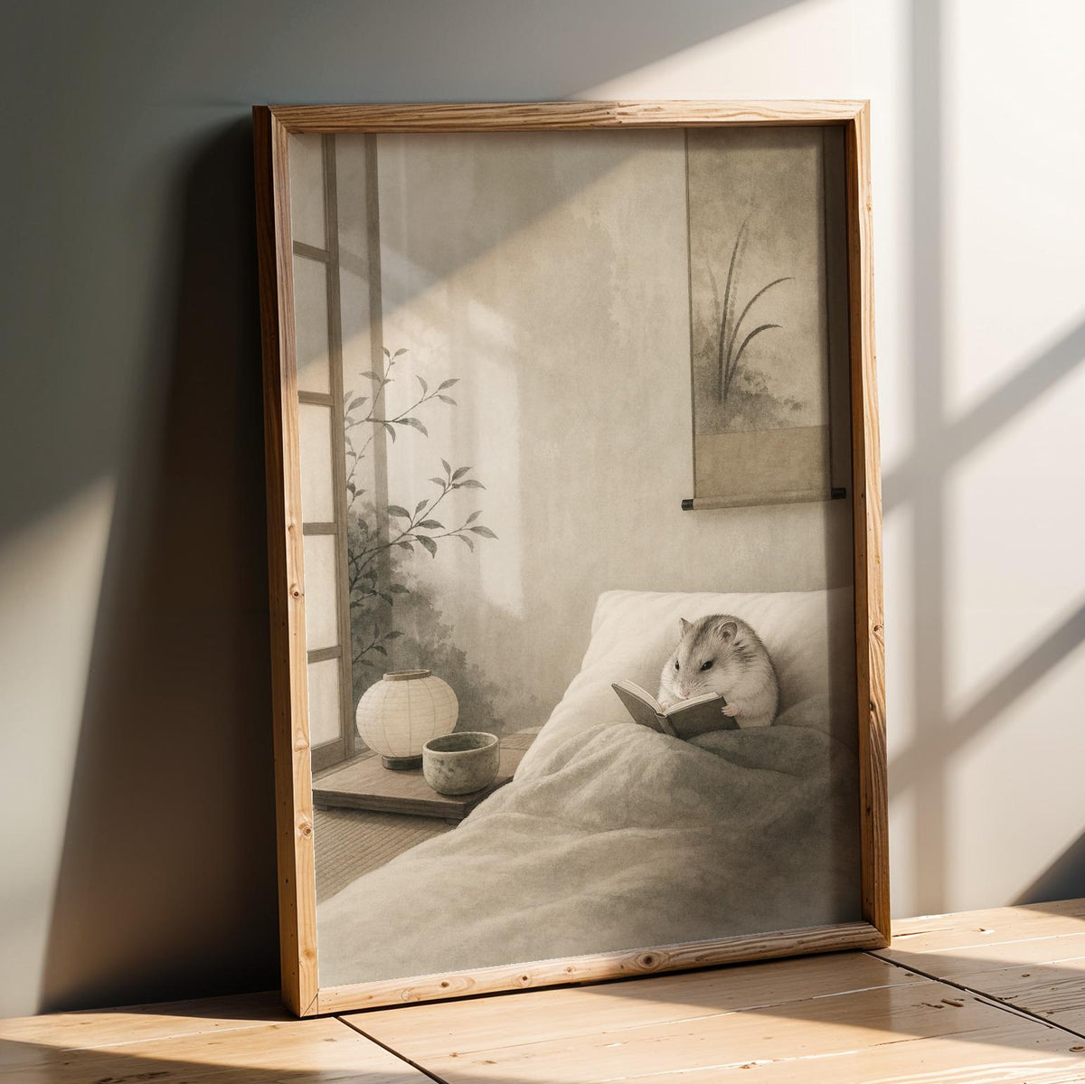 Product presentation view of Pearl Dwarf Hamster Reading in Bed Poster.