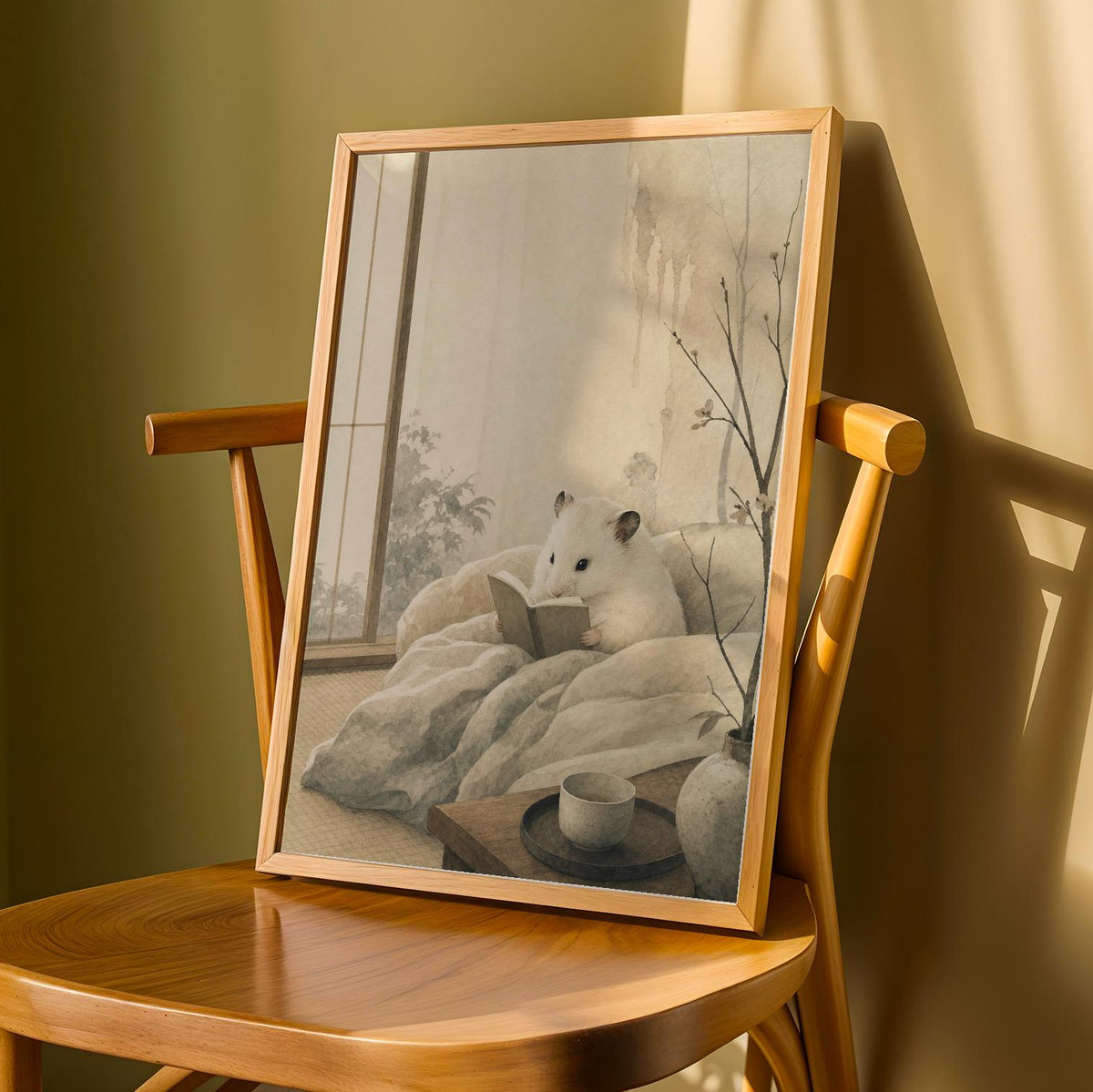 Product detail view of White Syrian Hamster Reading in Bed Poster.