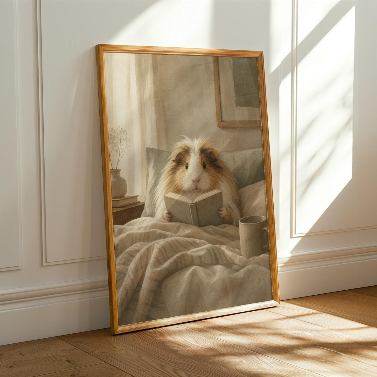 Alternate product presentation of Sheltie Guinea Pig Reading in Bed Poster.