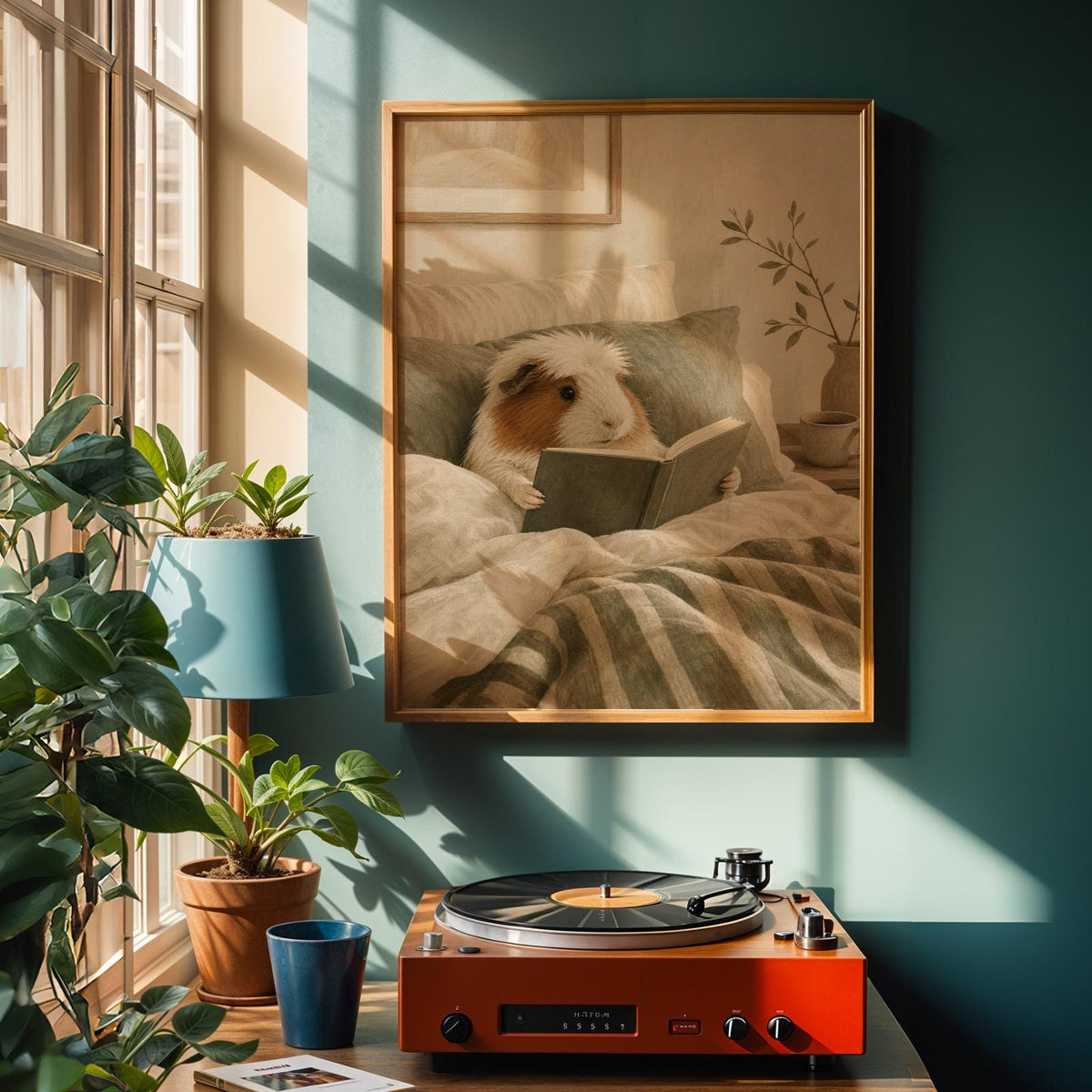 Alternate product view of White Crested Guinea Pig Reading in Bed Poster.