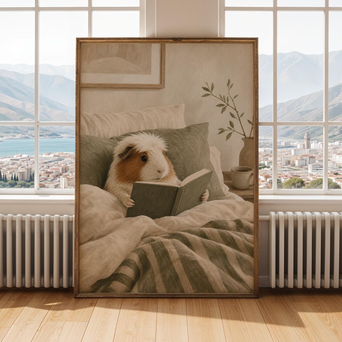 Alternate gallery view of White Crested Guinea Pig Reading in Bed Poster.