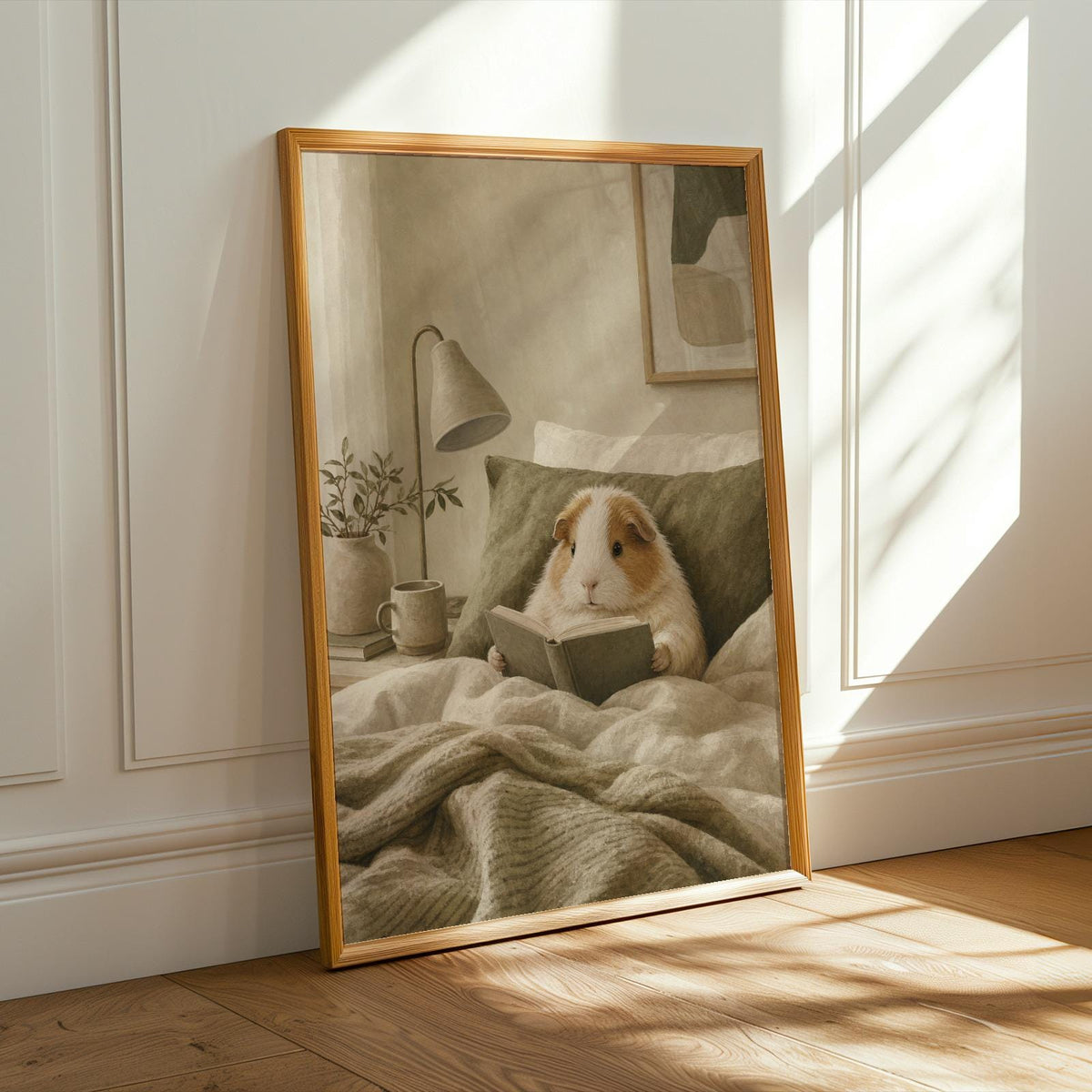 Alternate product presentation of Alpaca Guinea Pig Reading in Bed Poster.
