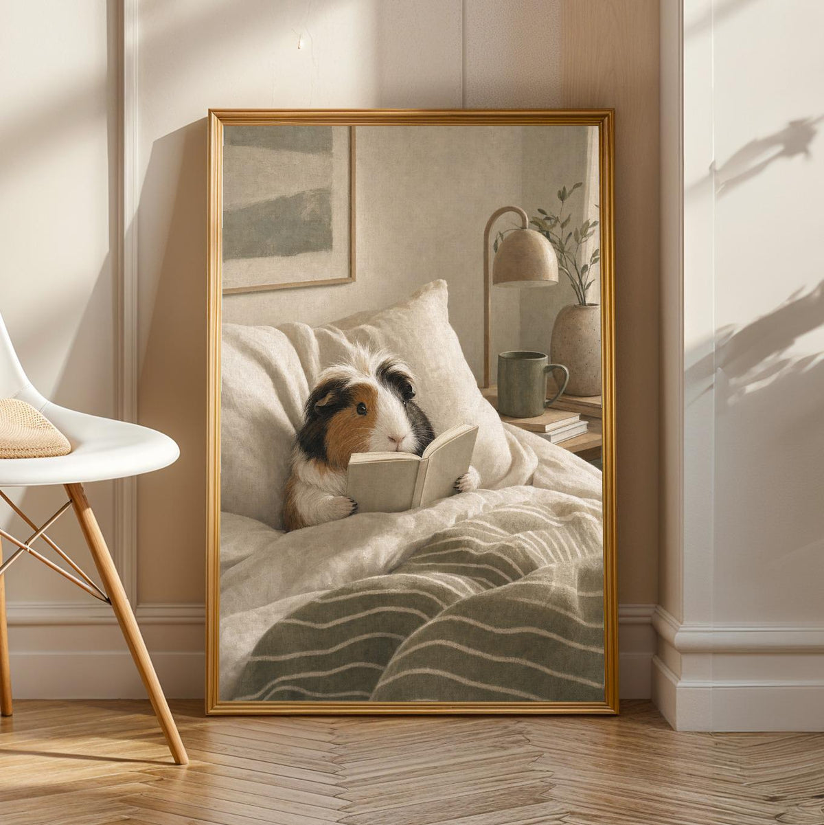 Product view of Coronet Guinea Pig Reading in Bed Poster.