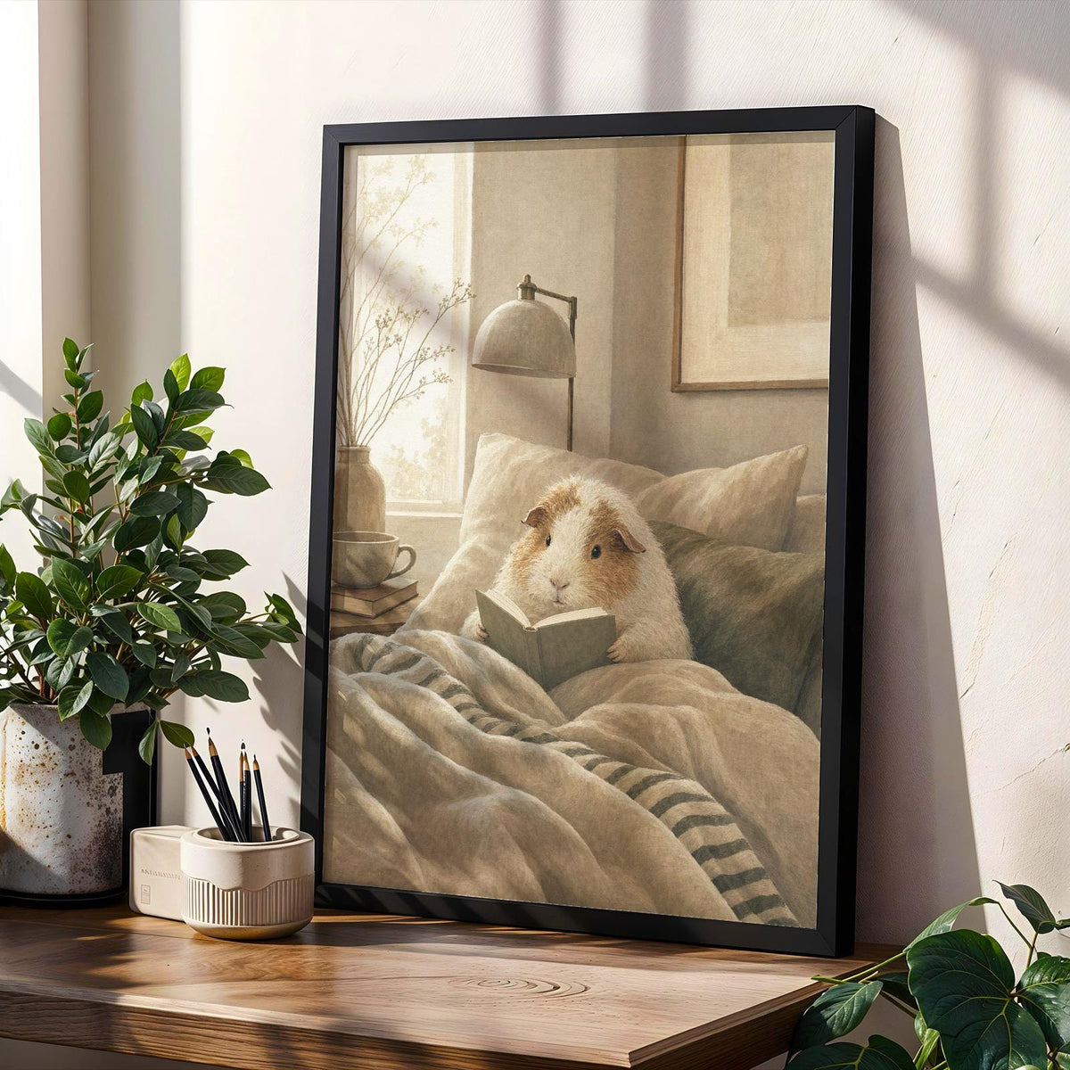 Product gallery view of Texel Guinea Pig Reading in Bed Poster.