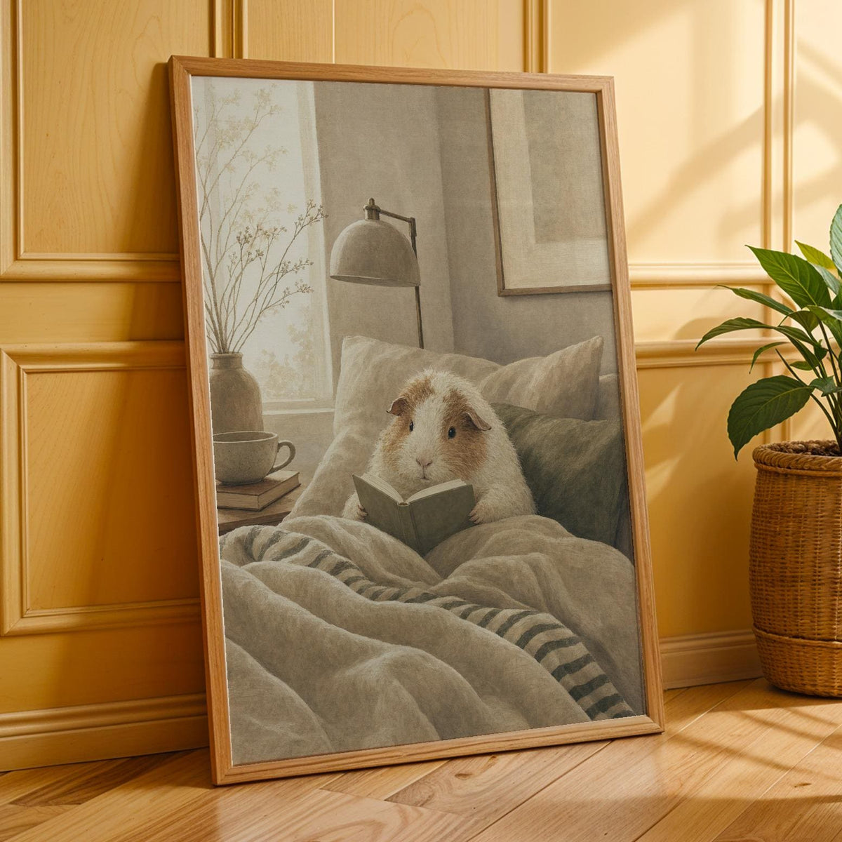 Additional product presentation of Texel Guinea Pig Reading in Bed Poster.