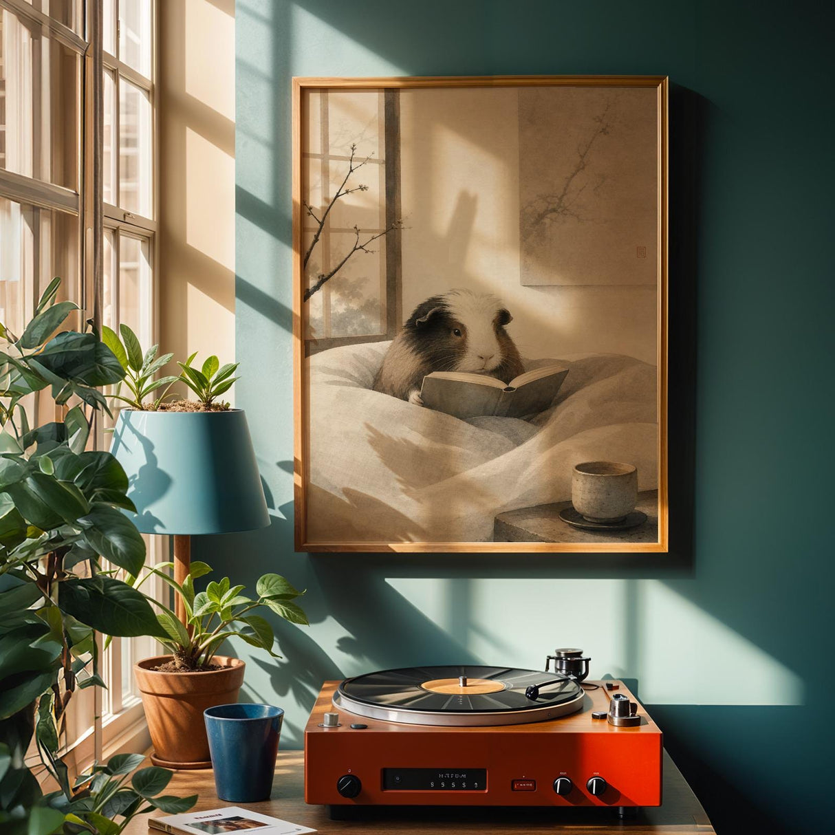 Alternate product view of White Guinea Pig Reading in Bed Poster.