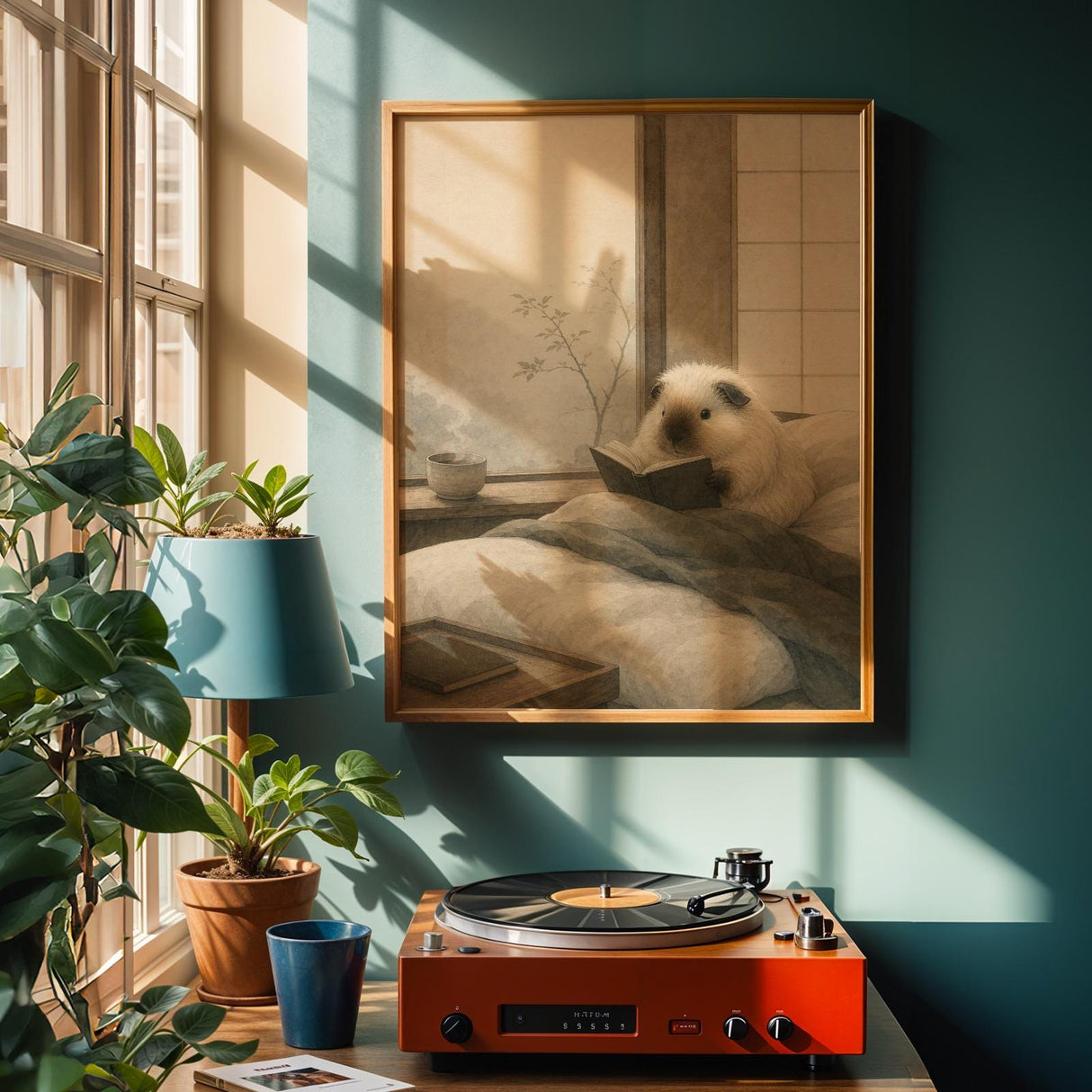 Alternate product view of Himalayan Guinea Pig Reading in Bed Poster.
