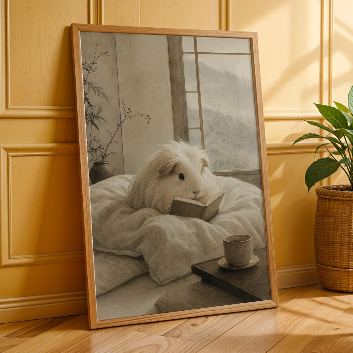 Additional product presentation of Silkie Guinea Pig Reading in Bed Poster.