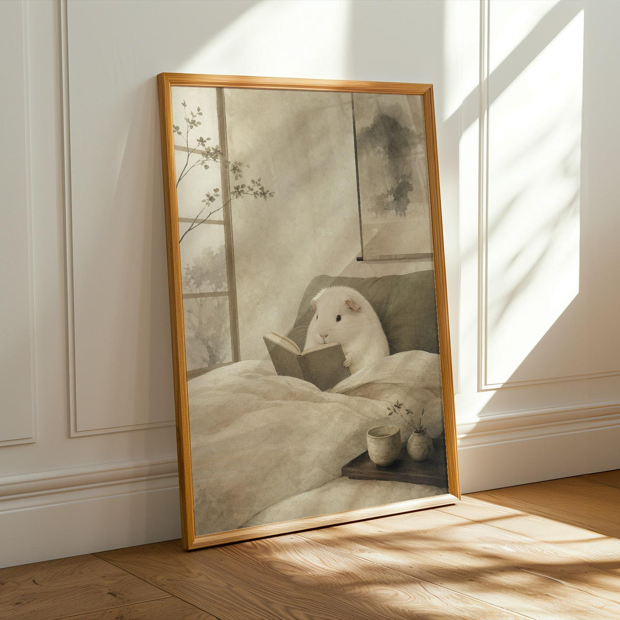 Alternate product presentation of White Guinea Pig Reading in Bed Poster.