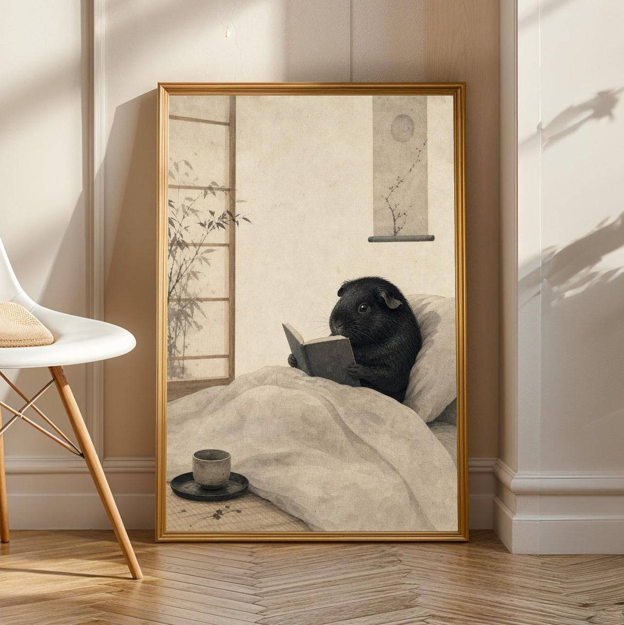 Product view of Black Guinea Pig Reading in Bed Poster.