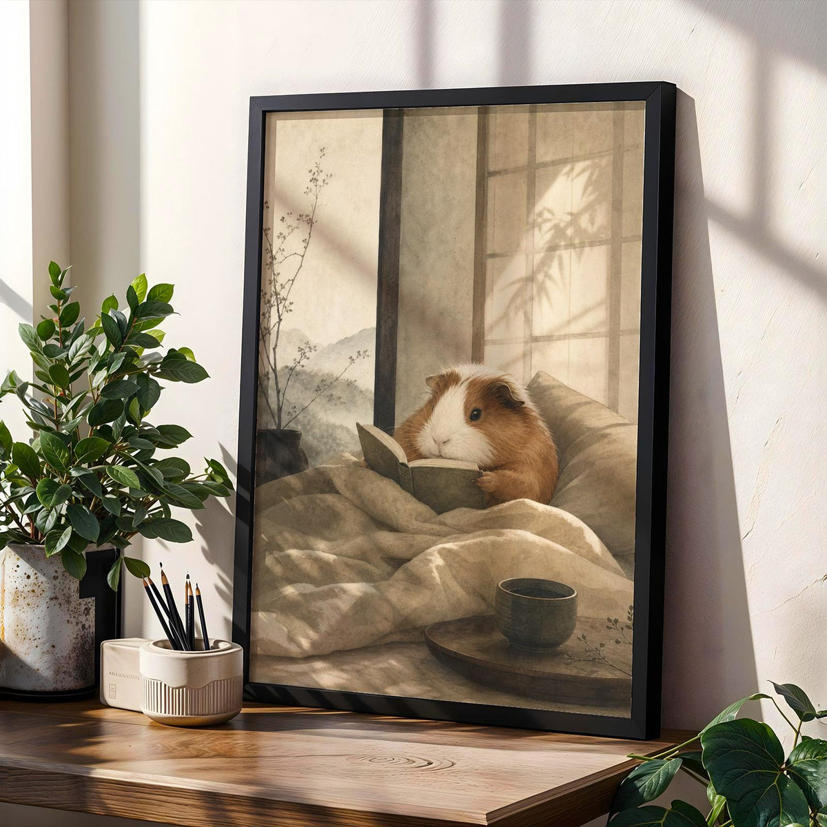 Product gallery view of Coronet Guinea Pig Reading in Bed Poster.