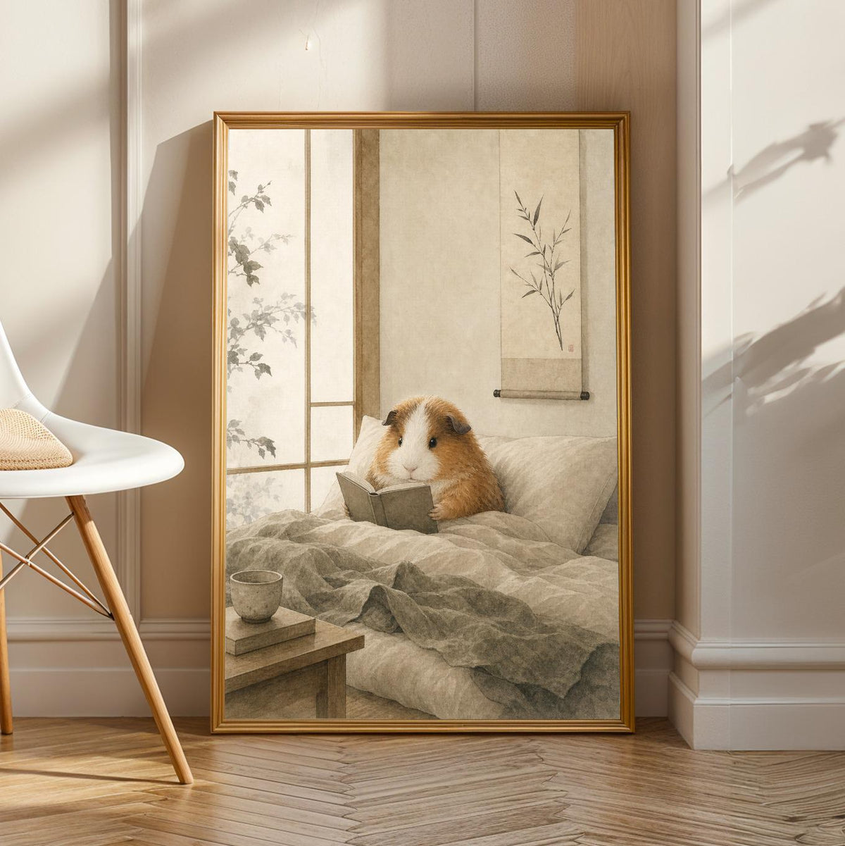 Product view of Teddy Guinea Pig Reading in Bed Poster.