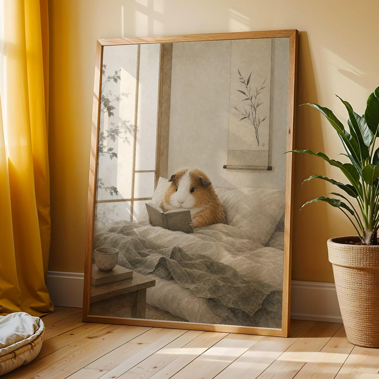 Additional product view of Teddy Guinea Pig Reading in Bed Poster.