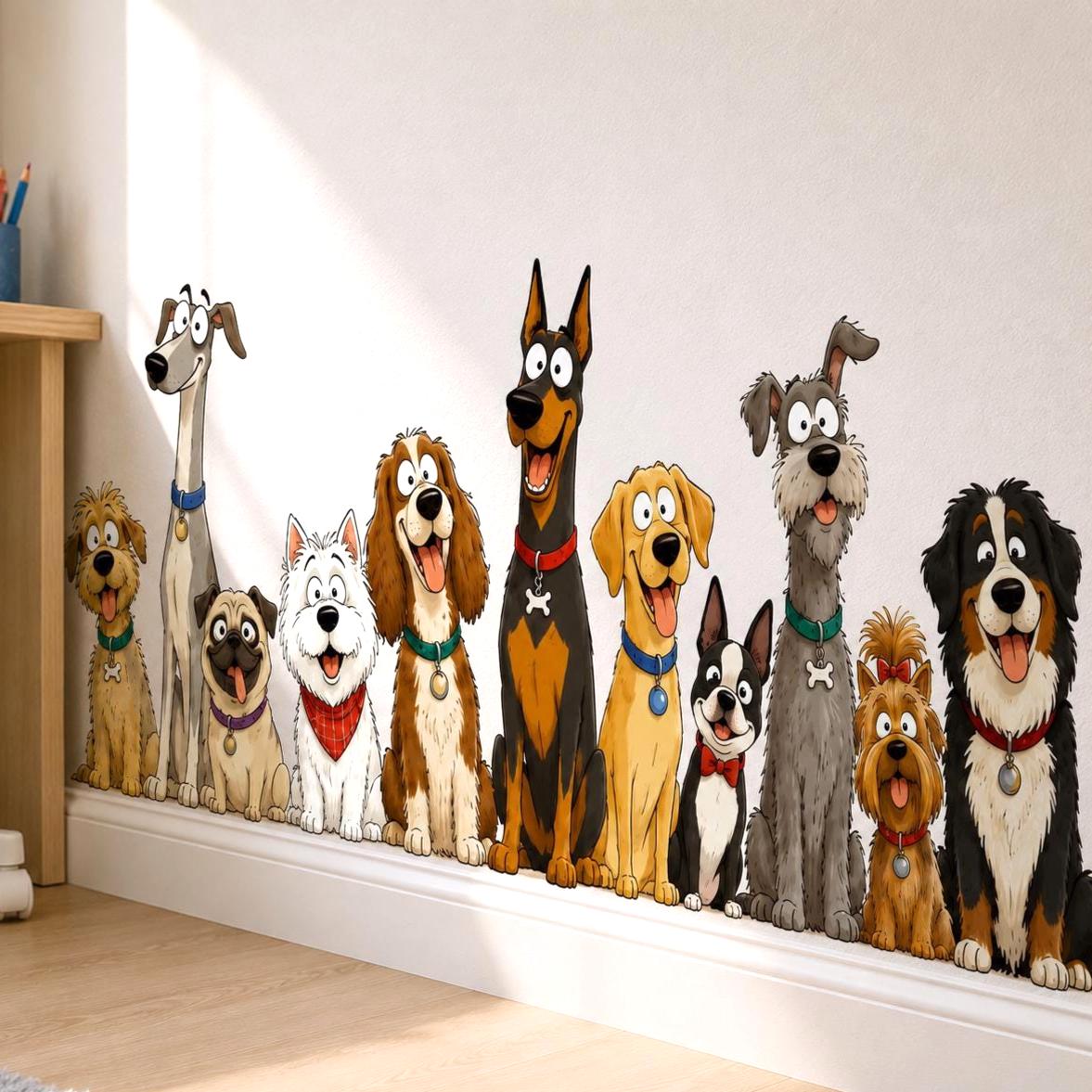 Cartoon group of happy dogs sitting in a row with different breeds and colorful collars.