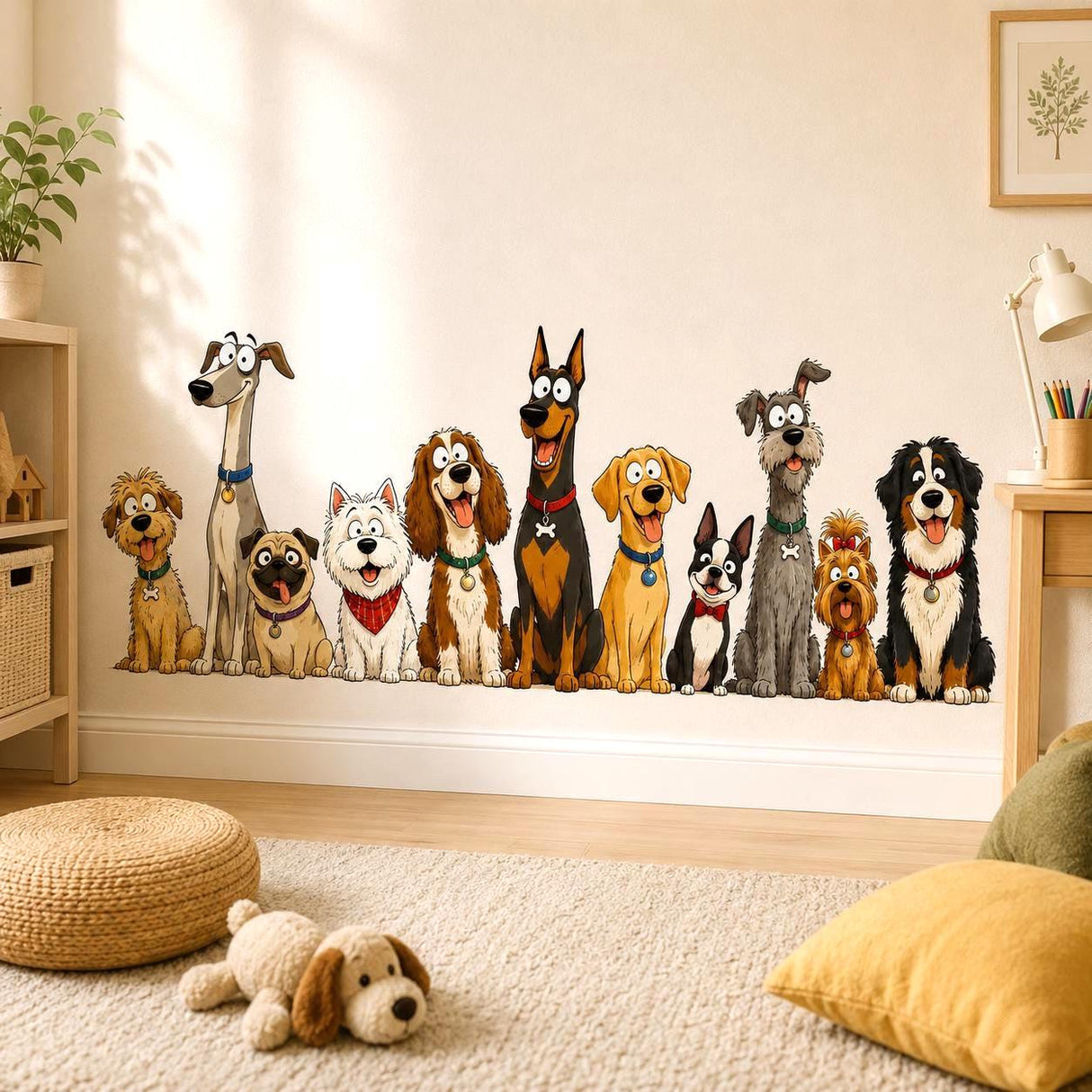 Funny Dog Group Wall Vinyl Decal displayed in a room setting.