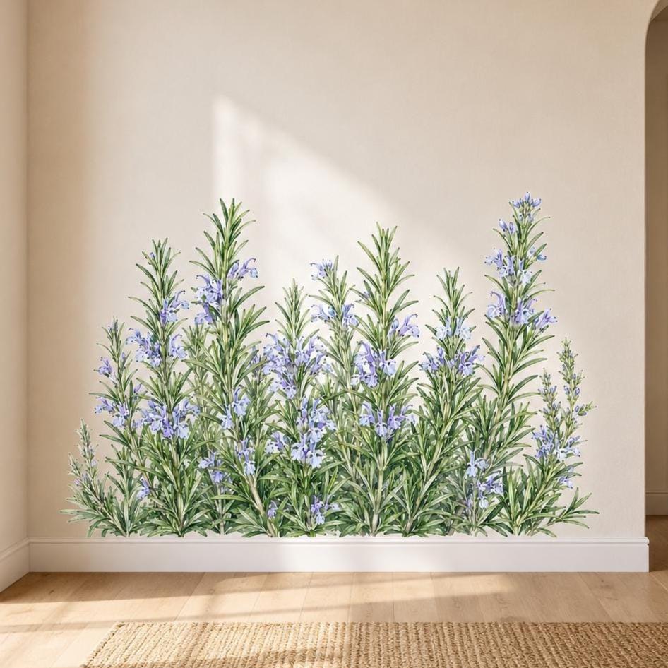 Watercolor wall vinyl decal of a rosemary herb border.