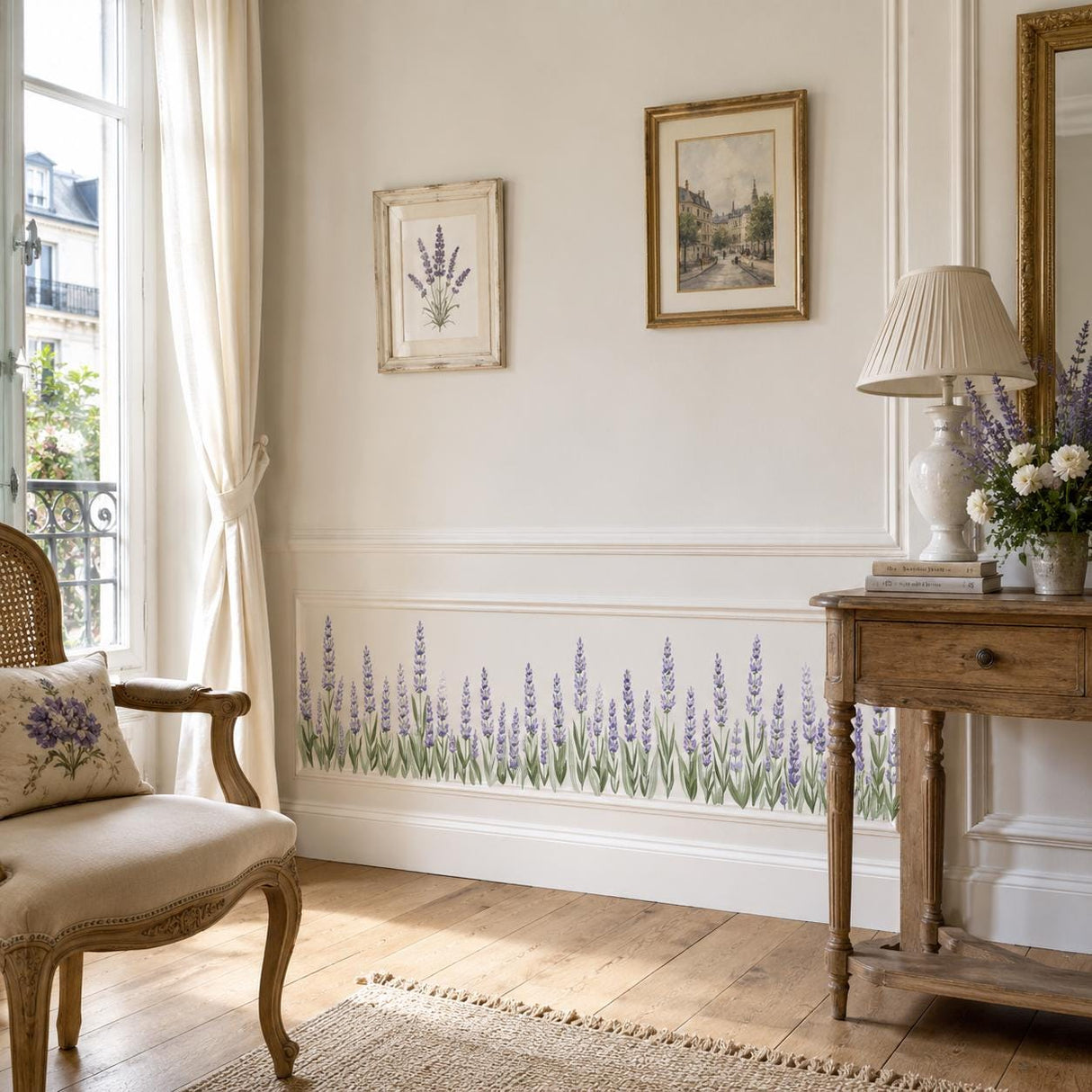 Lavender Border Wall Vinyl Decal displayed in a room setting.