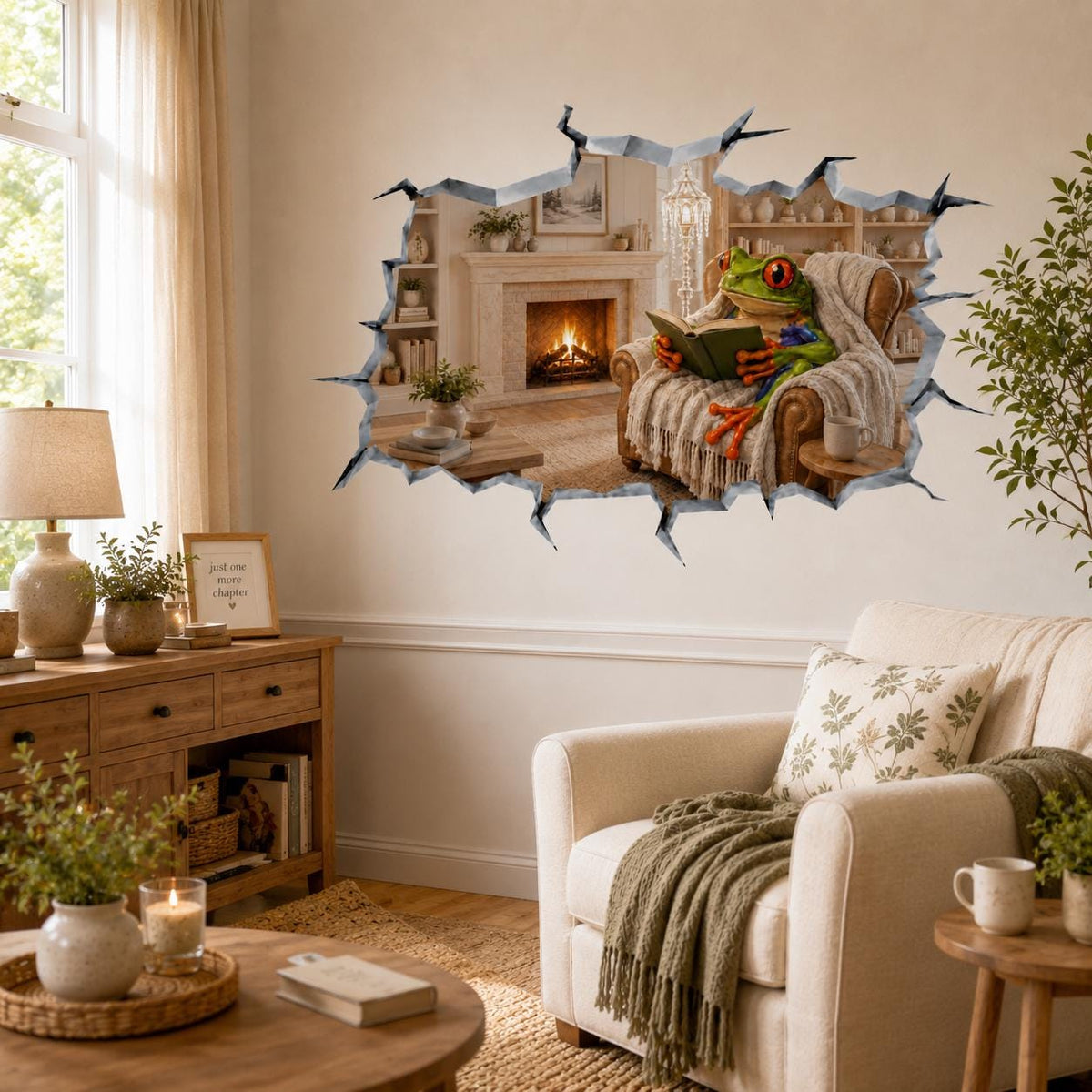 Reading frog vinyl wall decal displayed at room scale.