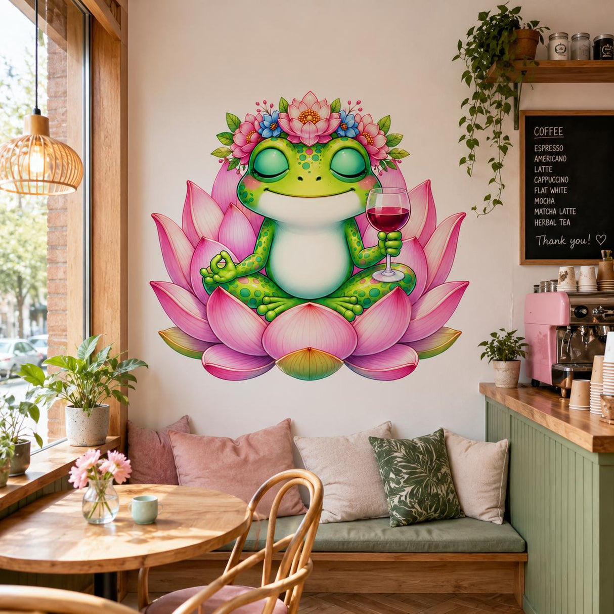 Weird Zen Frog Wall Vinyl Decal | Lotus Frog With Wine Sticker | Funny Meditation Wall Art | Yoga Room Spa Decor