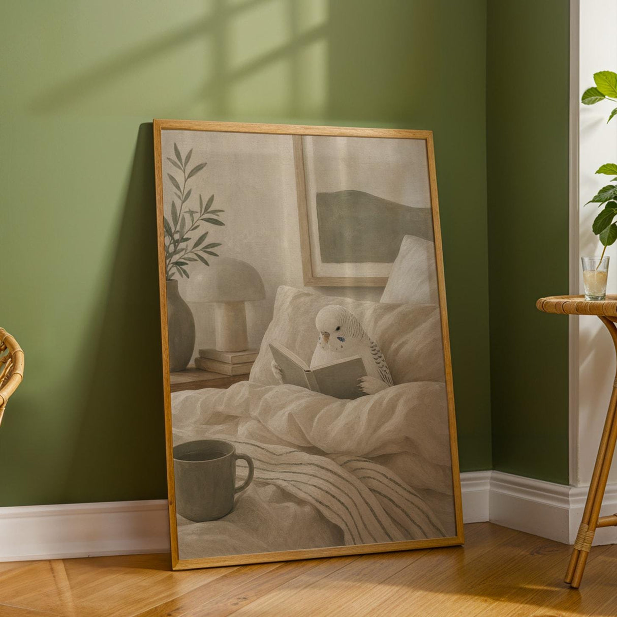 Additional product detail of White Budgerigar Reading in Bed Poster.