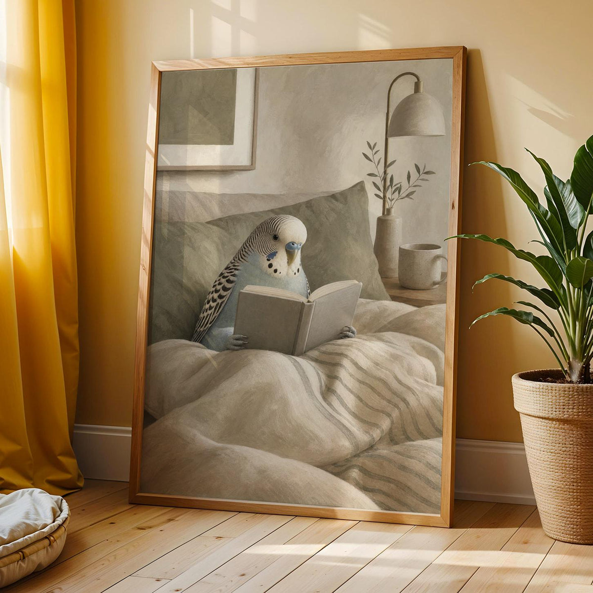 Additional product view of English Budgerigar Reading in Bed Poster.
