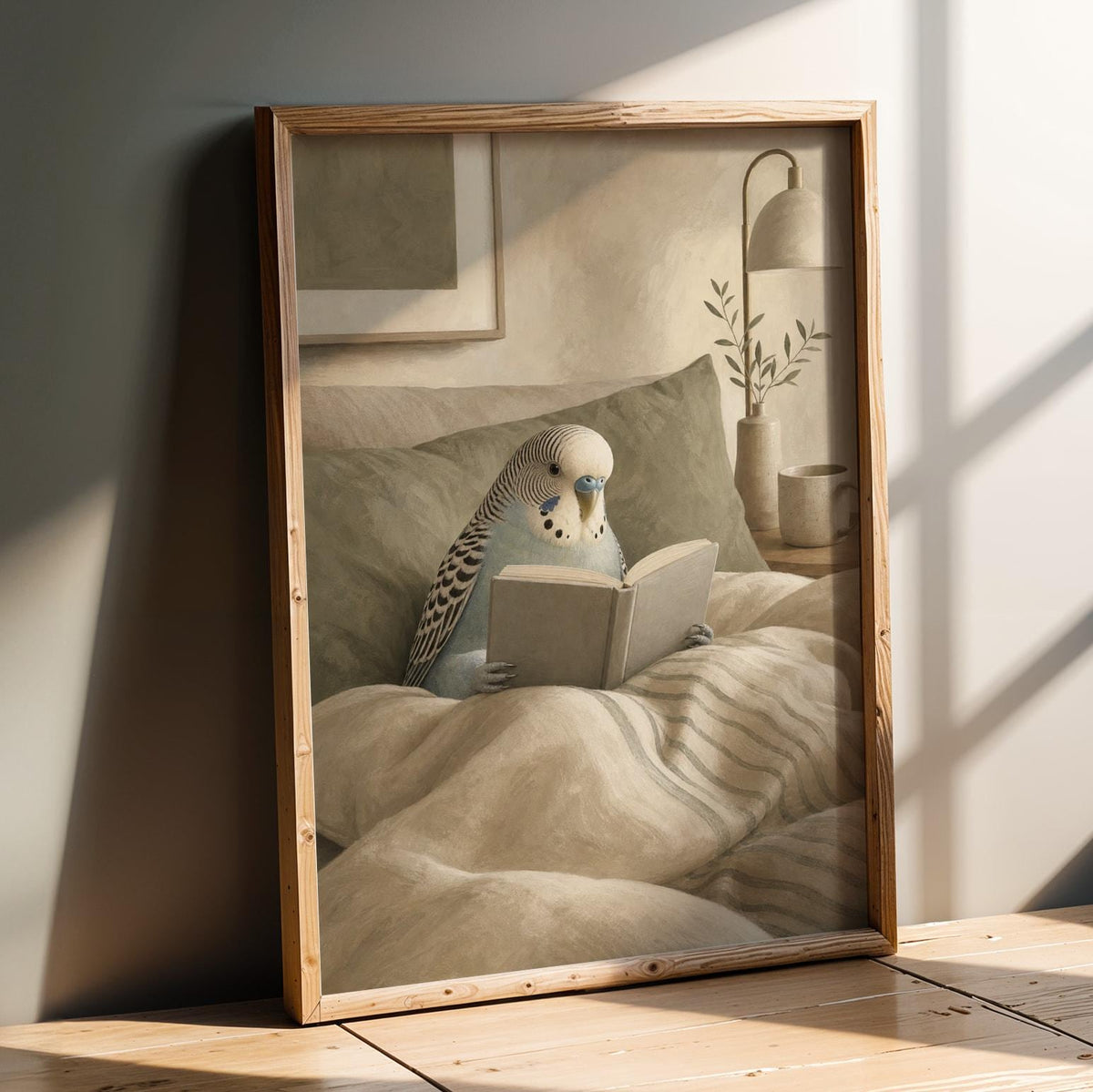 Product presentation view of English Budgerigar Reading in Bed Poster.