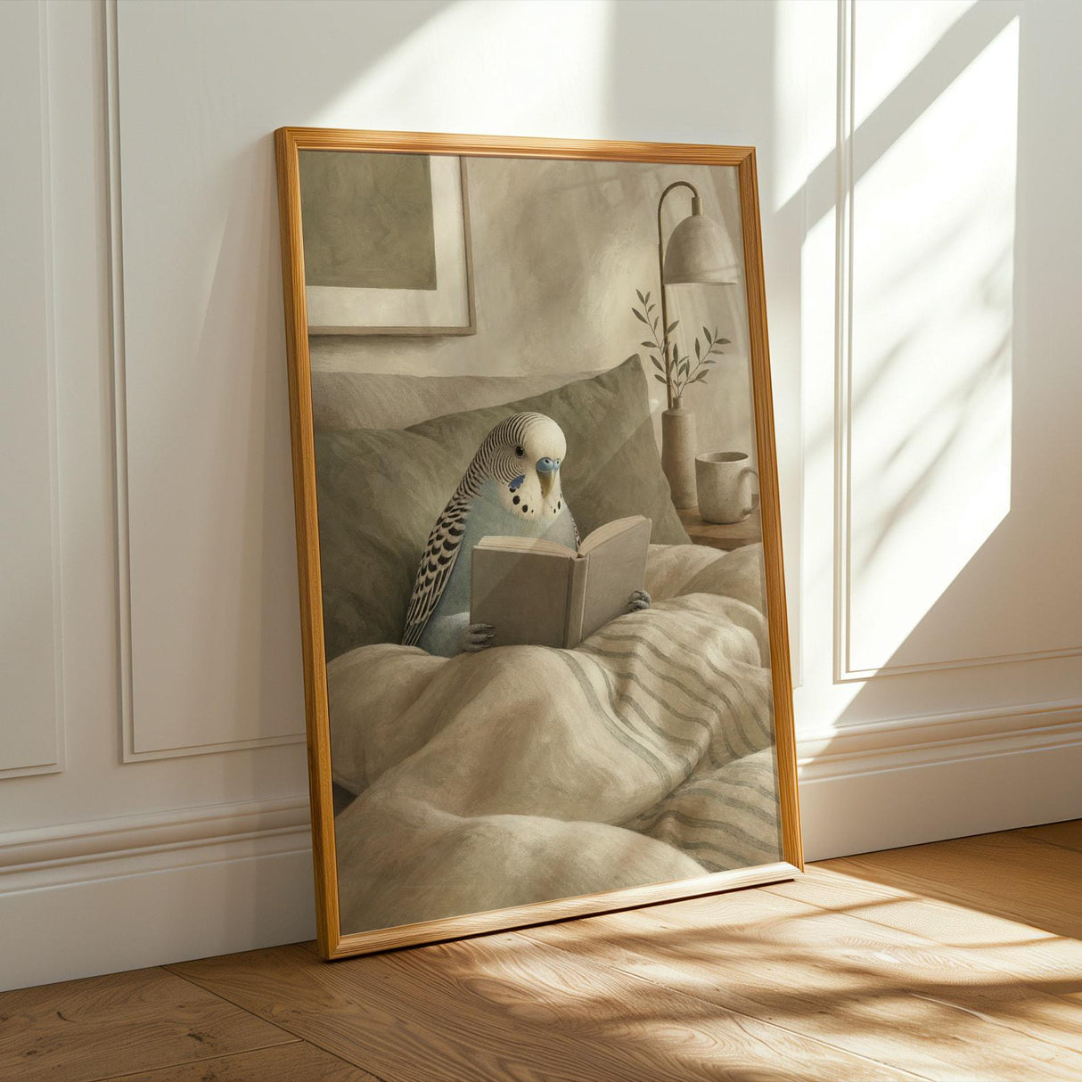 Alternate product presentation of English Budgerigar Reading in Bed Poster.