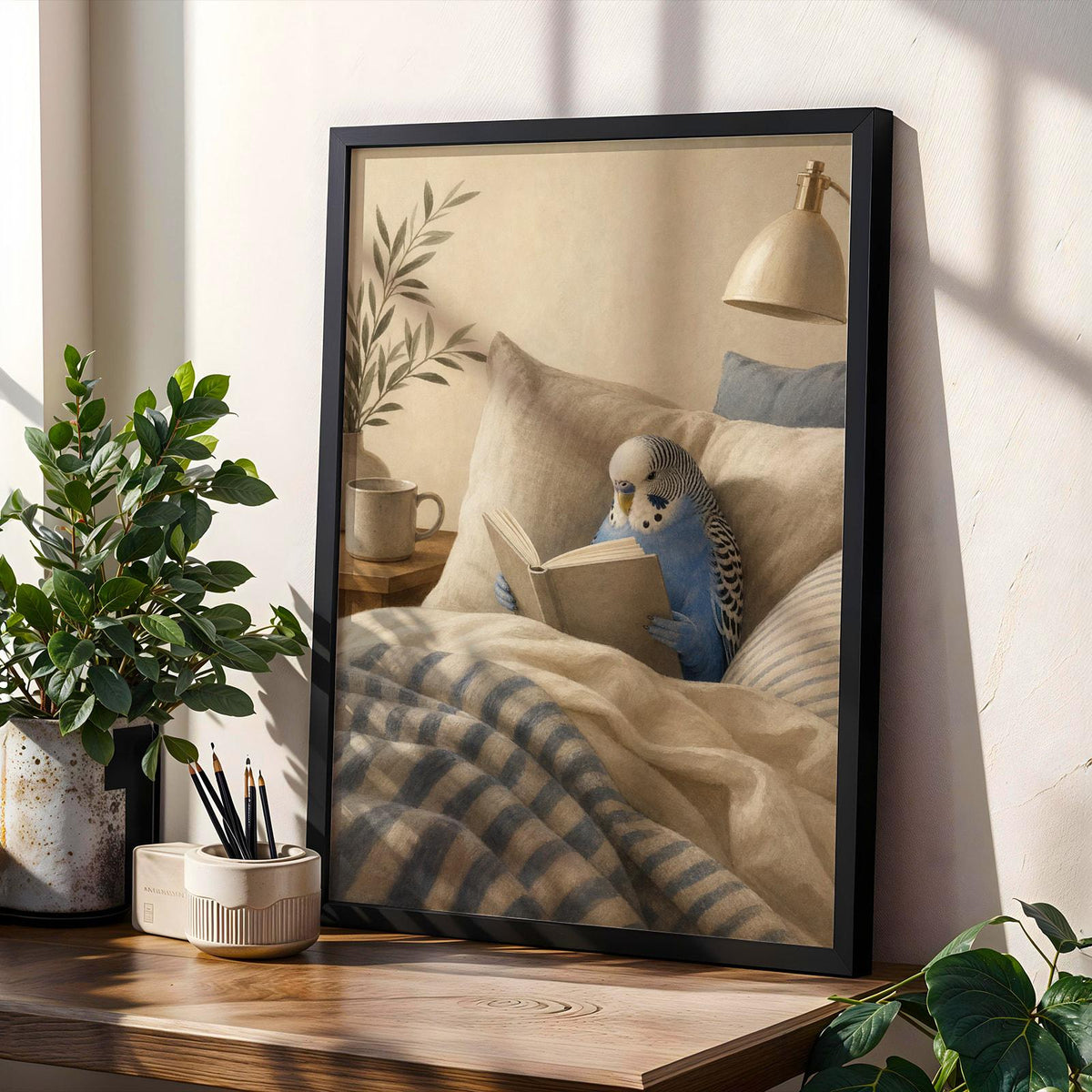 Product gallery view of Cobalt Blue Budgerigar Reading in Bed Poster.