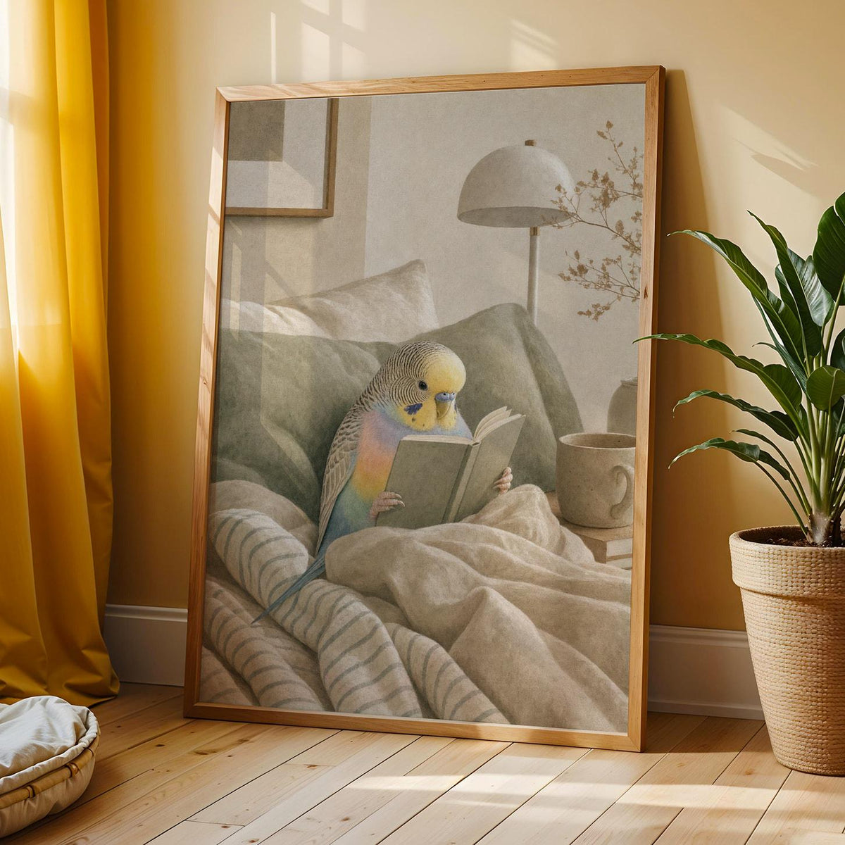 Additional product view of Rainbow Budgerigar Reading in Bed Poster.
