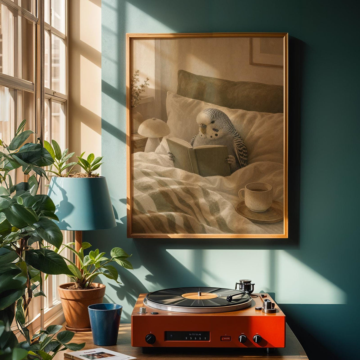 Alternate product view of Grey Budgerigar Reading in Bed Poster.
