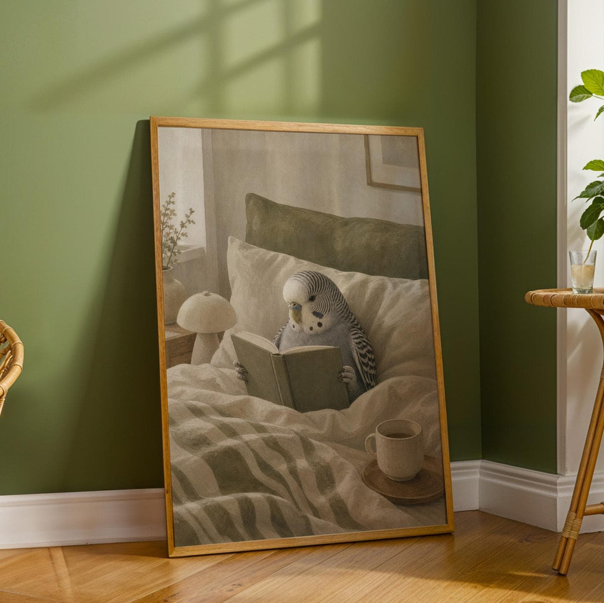 Additional product detail of Grey Budgerigar Reading in Bed Poster.