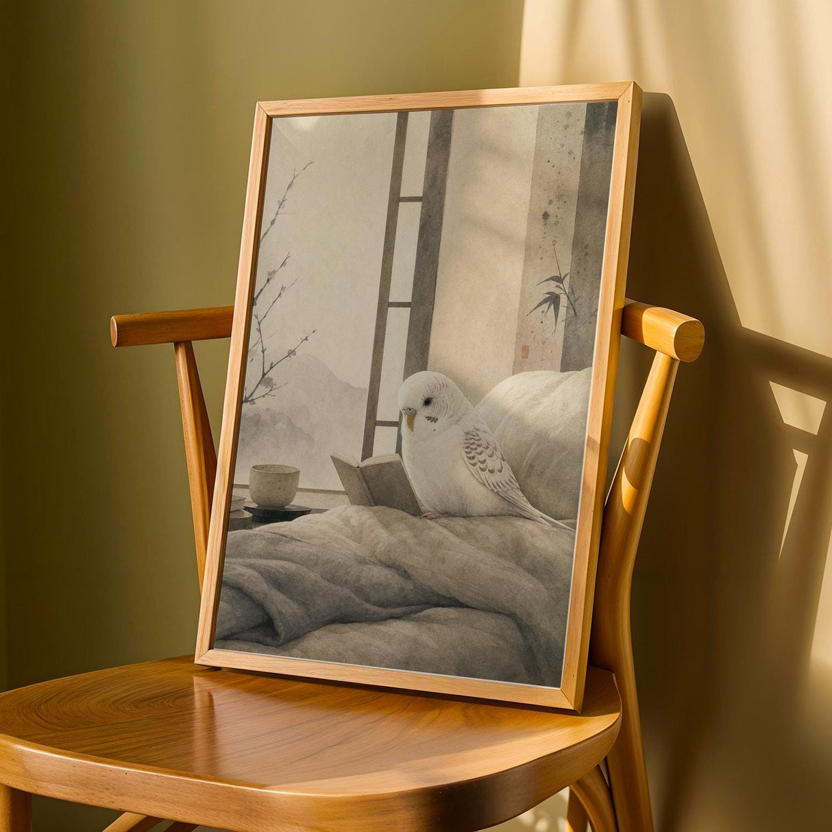 Product detail view of White Budgerigar Reading in Bed Poster.