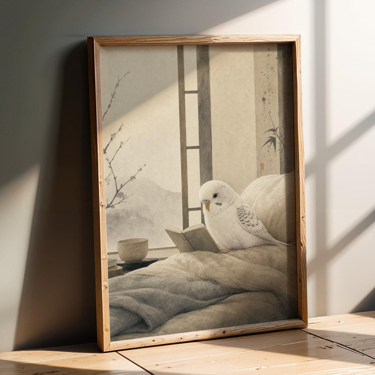 Product presentation view of White Budgerigar Reading in Bed Poster.