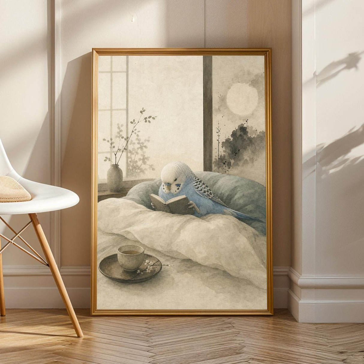 Product view of Sky Blue Budgerigar Reading in Bed Poster.