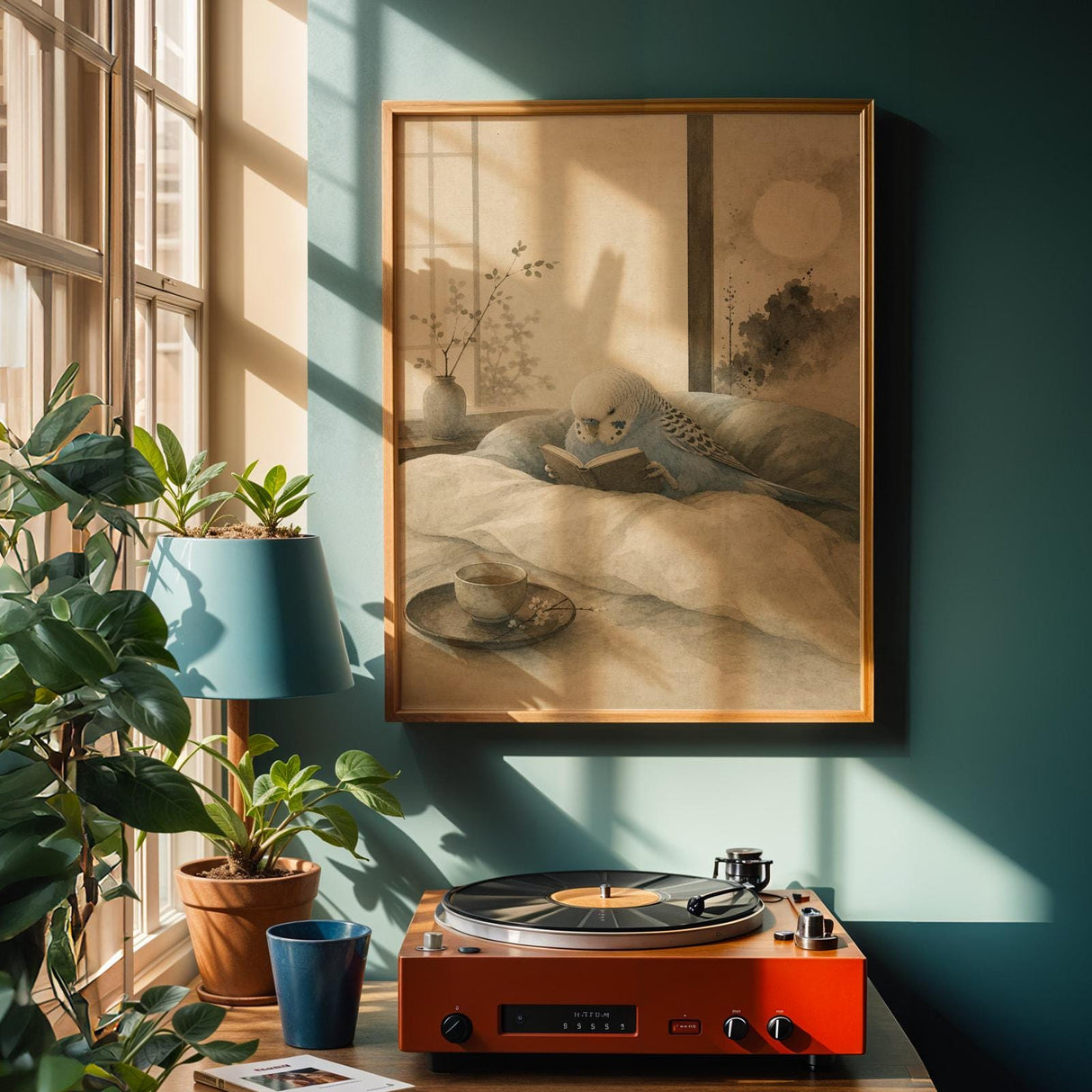 Alternate product view of Sky Blue Budgerigar Reading in Bed Poster.