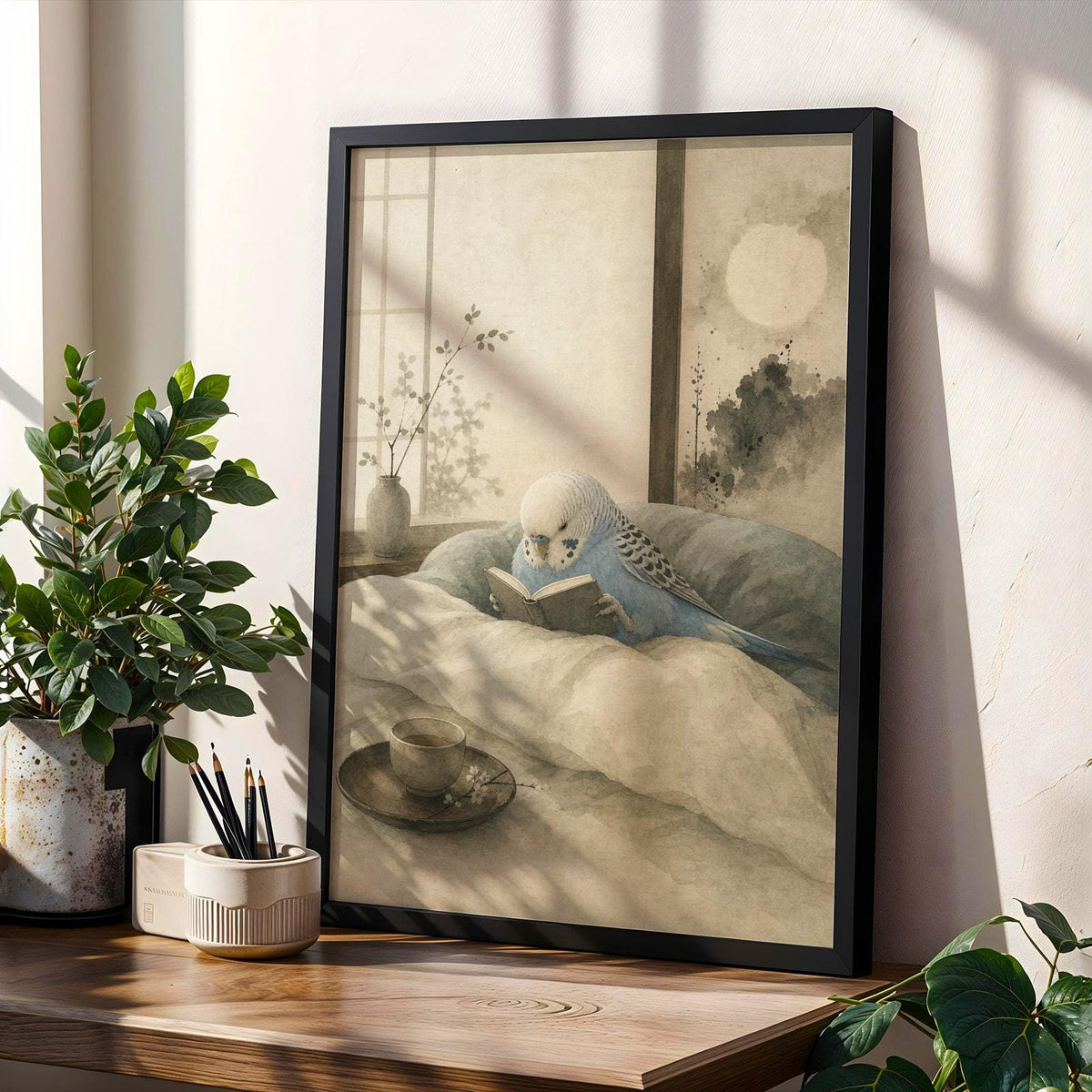 Product gallery view of Sky Blue Budgerigar Reading in Bed Poster.