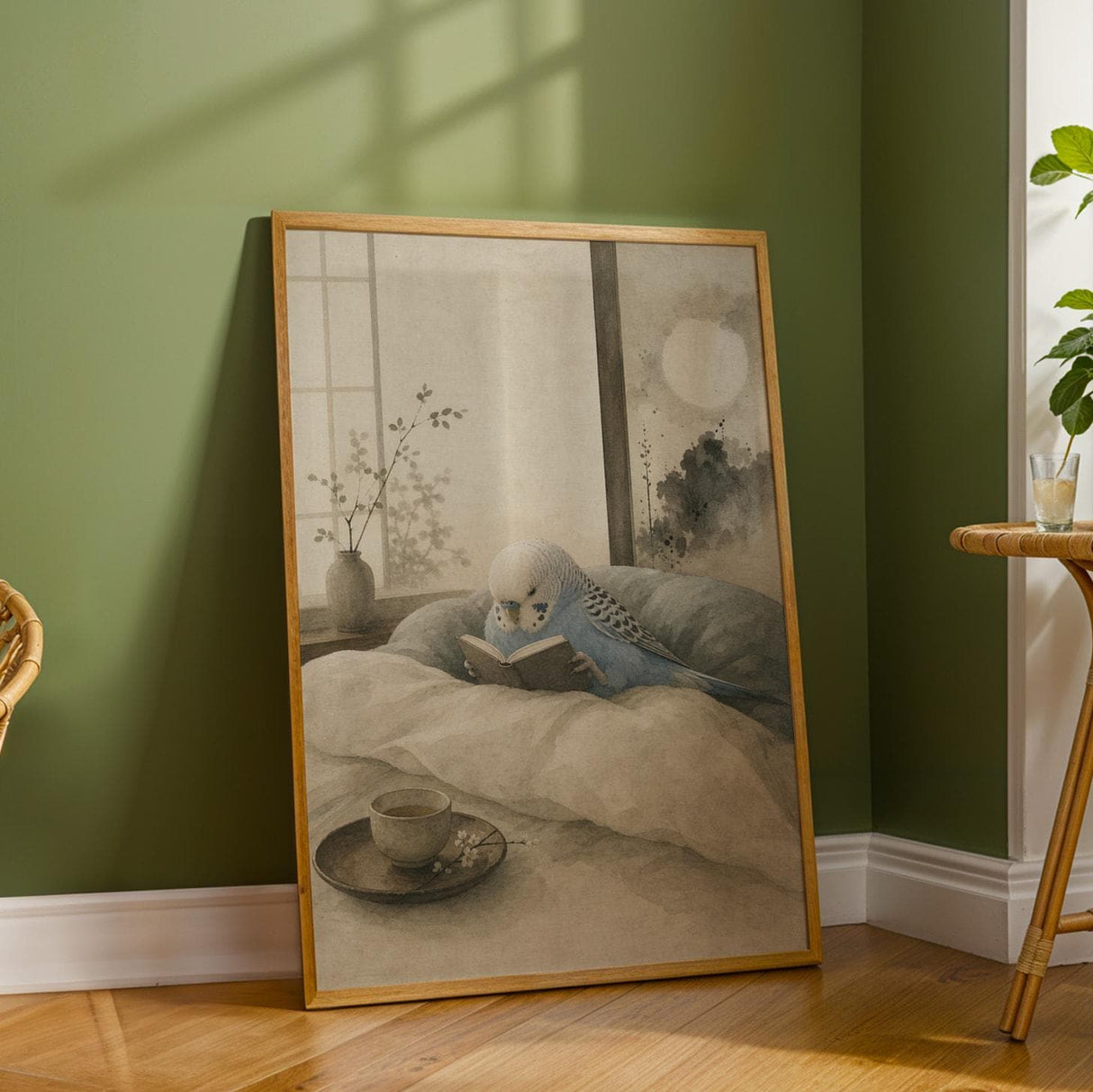 Additional product detail of Sky Blue Budgerigar Reading in Bed Poster.