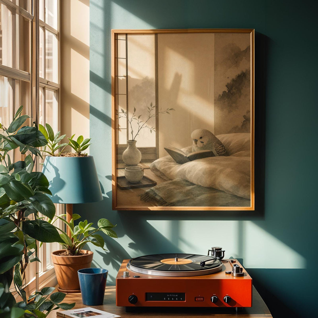 Alternate product view of English Budgerigar Reading in Bed Poster.