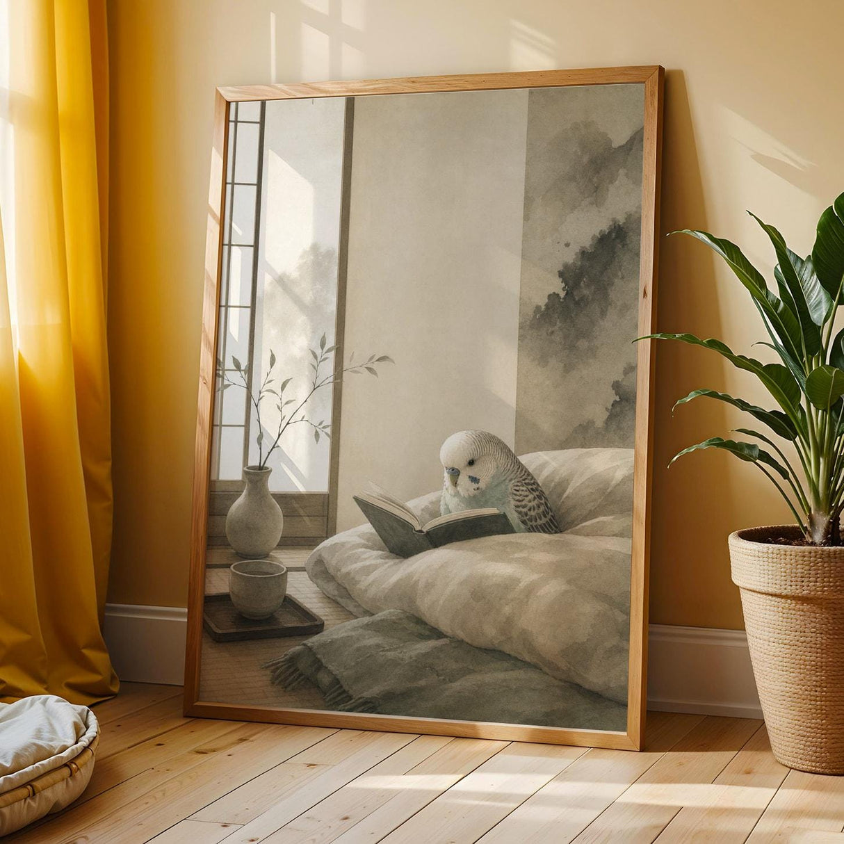 Additional product view of English Budgerigar Reading in Bed Poster.