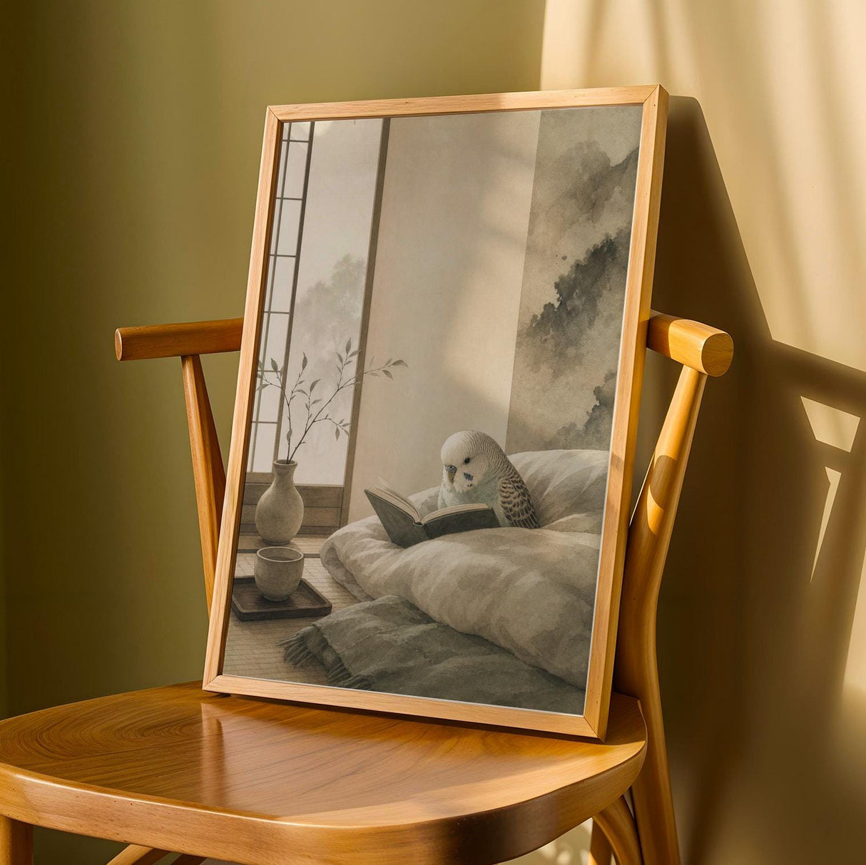 Product detail view of English Budgerigar Reading in Bed Poster.